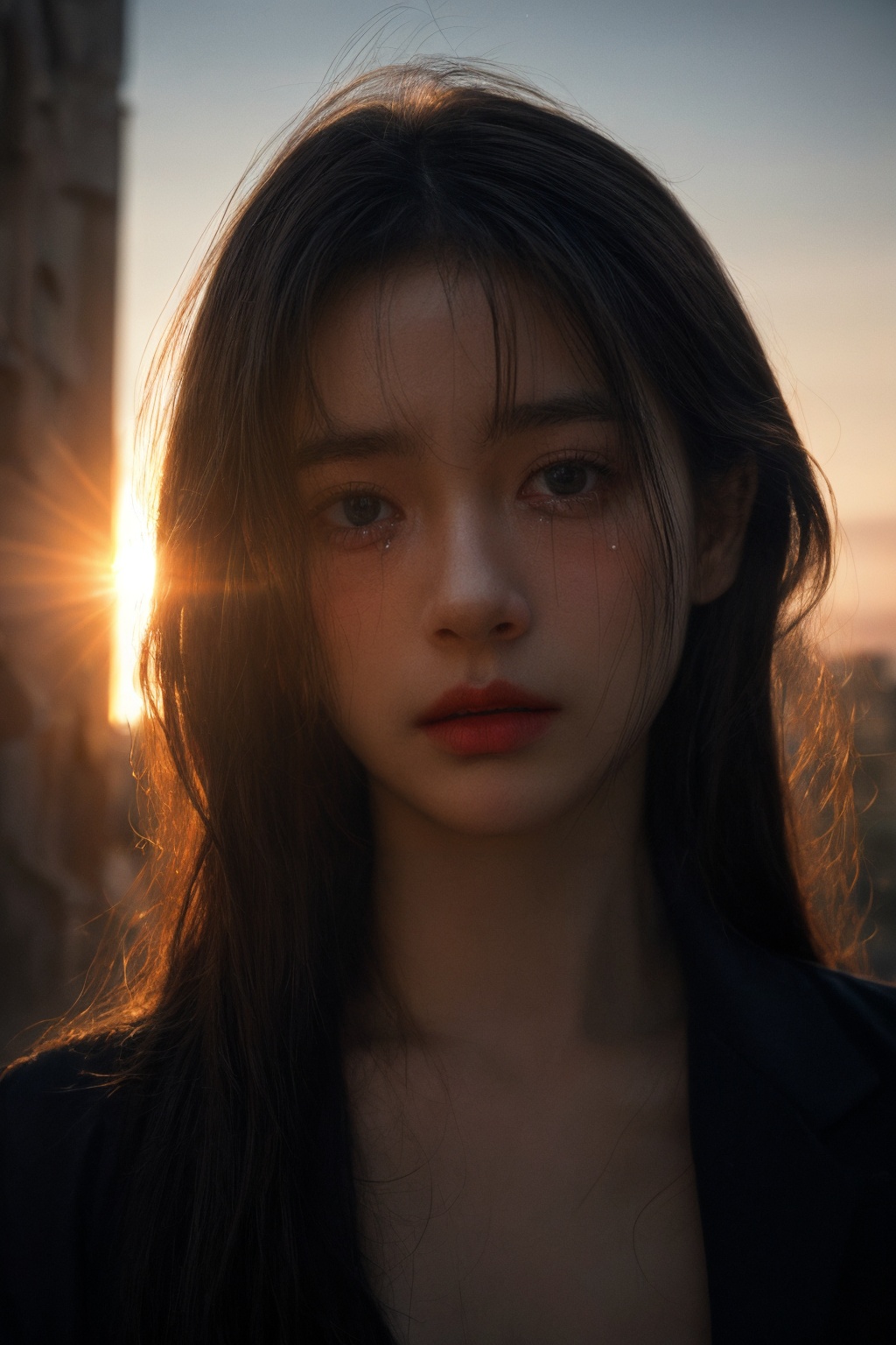 portrait of 1girl by Bill Henson,depressed,tears,streaming tears,ruins,shadows,dramatic lighting,sunset,contemporary,dark,expressionism,dystopia,industrial,<lora:add_detail:1>,<lora:MengX girl_Mix_V40:0.8>,