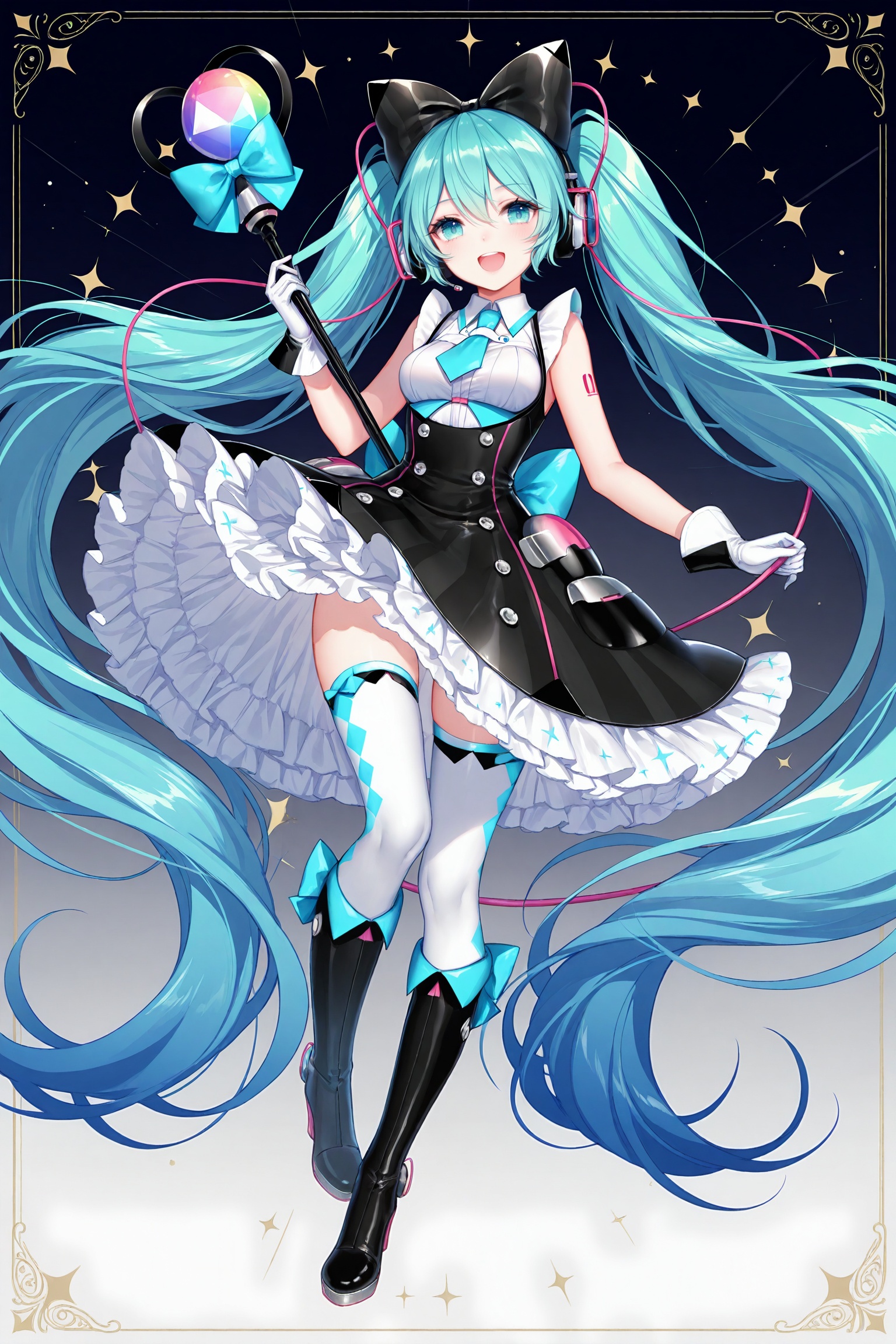 masterpiece,best quality,newest,absurdres,highres,soft shadows,photorealistic,(bison cangshu:0.5),(fuzichoco:0.6),(rimuu:0.5),(mignon:0.5),(sheya:0.6),<lora:MMM2016XLNAI:1>,magical mirai miku \(2016\),black bow,hair bow,sleeveless dress,frilled dress,black dress,layered dress,pocket,framed breasts,white thighhighs,high heel boots,knee boots,holding,full body,