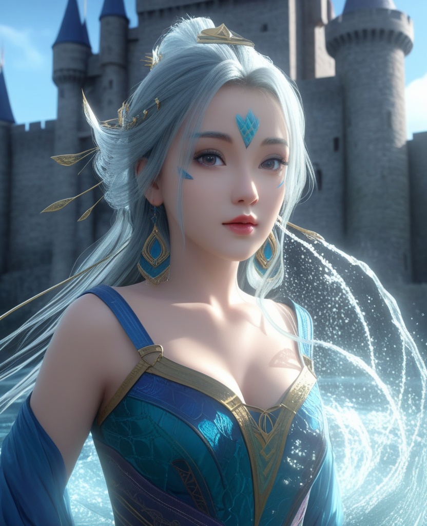 <lora:571-DA-XL-眷思量-奉眠:0.8>(,1girl, ,best quality, ),looking at viewer,ultra detailed background,ultra detailed background,ultra realistic 8k cg, ,masterpiece, (( , )),     ,castle,     (hydrokinesis),  (cleavage), (),