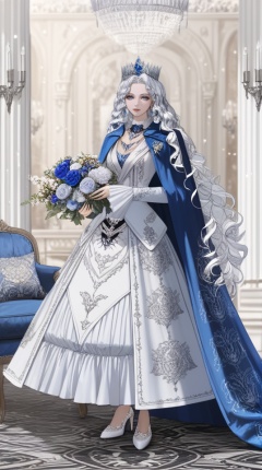 (best quality), ((masterpiece)), (highres), illustration, original, extremely detailed, <lora:美の欲:0.7>1girl, long hair, solo, holding, flower, bouquet, dress, holding bouquet, full body, blue cape, white flower, very long hair, standing, blue flower, cape, wavy hair, jewelry, looking at viewer, chandelier, white dress, white hair, white rose, long sleeves, rose, crown, blue rose, white footwear