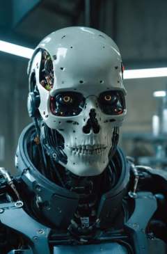 Cyberpunk, sci-fi, dark-fantasy, kodak portrait 400, 8k, soft light, volumetric lighting, highly detailed, britt marling style 3/4, portrait photo of a war man cyborg robot in a chemical laboratory + face, face is skullbone with scares, intricate, elegant, highly detailed, devil-armor, 2D motifs detailed dark fantasy digital painting, artstation, concept art, smooth, sharp focus, illustration, art by Otomo Katsuhiro and Shirō Masamune and Oshii Mamoru. Cosmic light in backfront