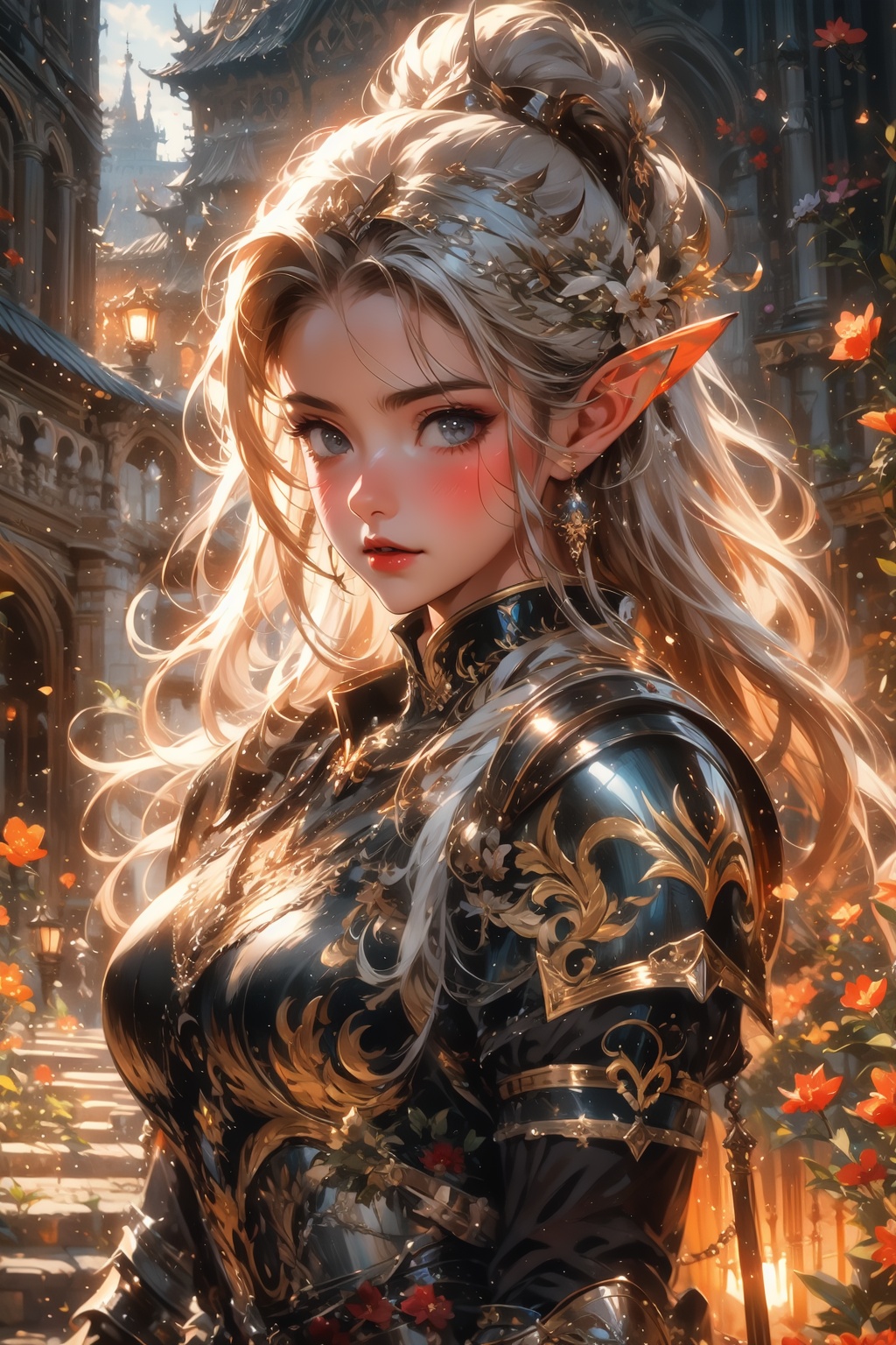 (masterpiece:1,2),best quality,elf knight01,1girl,upper_body,medieval architecture,flower sea,