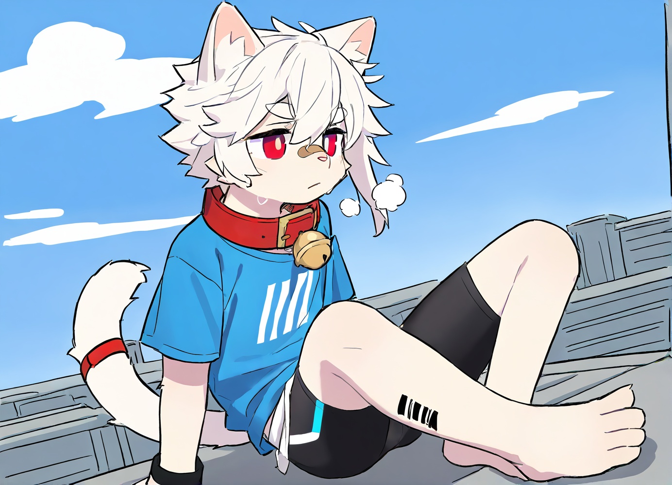 furry,Right mid length drooping frontal hair,(Asymmetric hair on the temples:1.2),Expose left shoulder,wristband,thick eyebrows,barcode tattoo,heavy_breathing,AKIRA,cat boy,1boy,solo,male_focus,(white_hair:0.8),red eyes,[bell on collar,Collar,Cortical collar,Large collar],(blue t-shirt,black_leggings under shorts,black bike_shorts),(barefoot) BREAK dutch angle,vanishing point,sitting on rooftop,(blue sky,cloud,wind),(masterpiece, best quality:1.1),foot focus,bandage on nose,bandage on leg,Tail decoration,cat tail,<lora:furry工坊:0.5>,