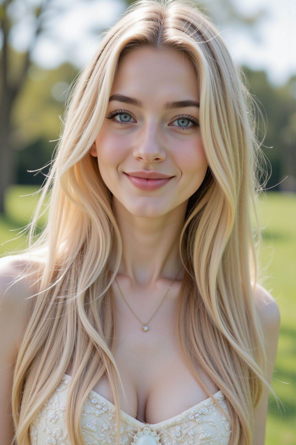instagram photo, closeup face photo of 20 y.o, blue eyes, pale skin, smirk, blonde long straight hair, elegant dress, outdoors,