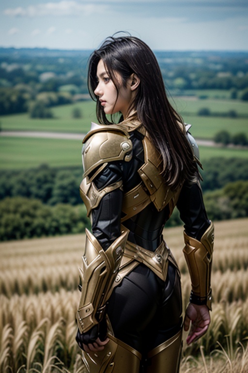 <lora:Hxarmour_00703:0.7>,Looking over the shoulder,hxarmour,1[girl|man],(dark orange armour:1.3),Rural Landscape Soda Straw,Field,