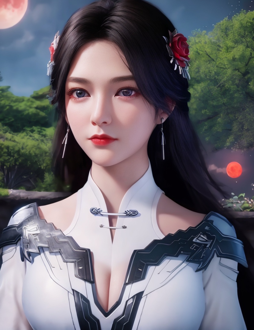 <lora:518-DA-遮天-李小曼:0.8>(,1girl, ,best quality, ),looking at viewer,  ,,ultra detailed background,ultra detailed background,ultra realistic 8k cg,, ,masterpiece, (( , )),, ,science fiction,mole, ,    ,red moon, black rose,     (cleavage), (),