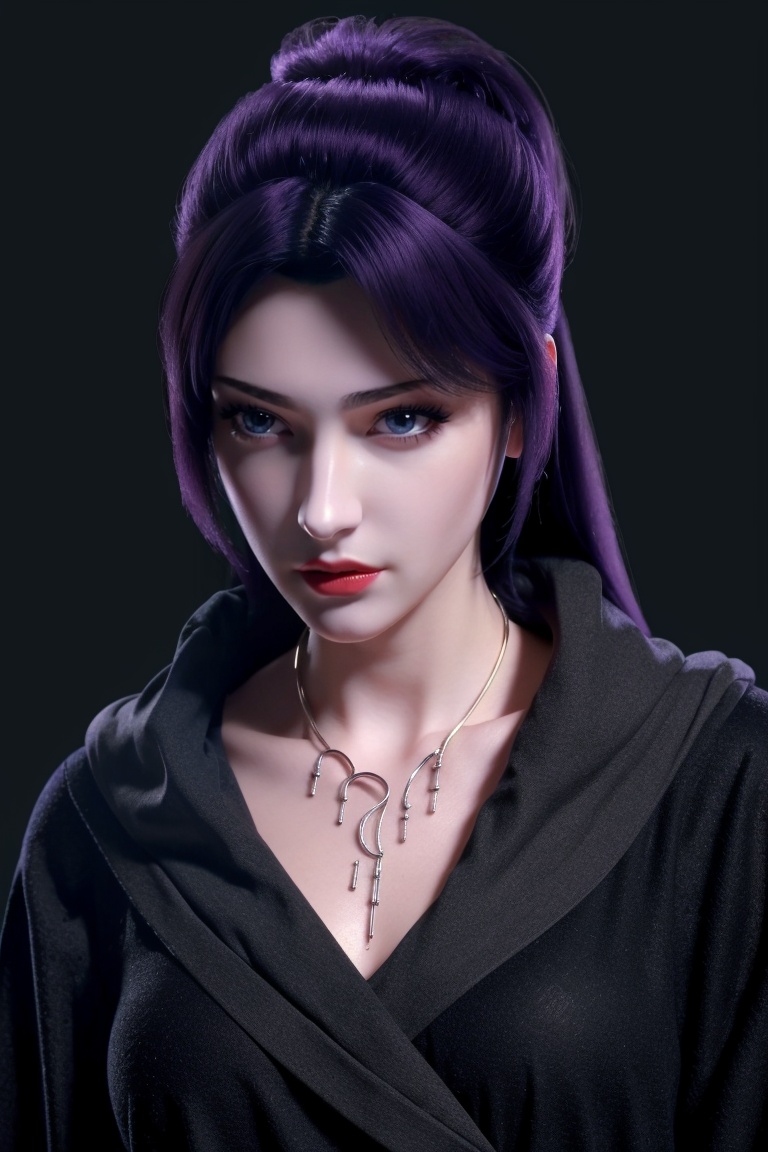 ((HRD, HUD, 8K)),((masterpiece, best quality)), highly detailed, 1girl, solo, long hair, purple hair, black hair, ponytail, blue eyes, lips, red lips, lipstick, nose, makeup,necklace, jewelry, robe, simple background, grey background, flat color background, cowboy shot, (upper body:1.2), looking at viewer, <lora:斗破苍穹特别篇1云韵黑袍_v3.0 :0.7>