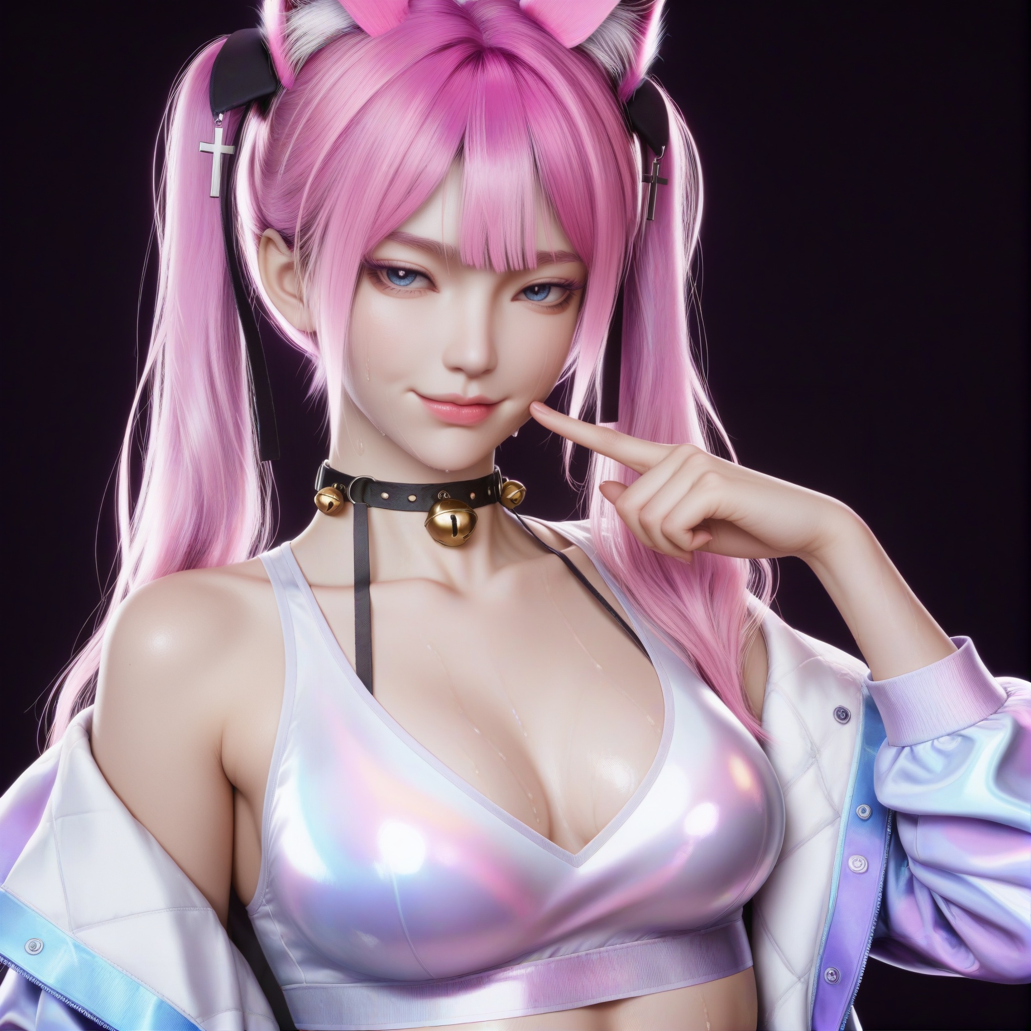 masterpiece,best quality,absurdres,highres,front view,looking at viewer,shaded_face,jitome,(fingersmile),collarbone,(glamor:1.1),narrow waist,<lora:XiaoFen_ill:0.83>,1girl,solo,xiaofen,pink hair,long hair,twintails,blue eyes,hair ornament,animal ear fluff,black choker,bell choker,crop top,cross hair ornament,white crop top,iridescent jacket,open jacket,(white_skin),(sweaty skin),(very sweaty),(pale_skin),(fair_skin),shiny wet,warm soft,high detail,soft pastel lighting,aesthetically pleasing,simple background,black background,