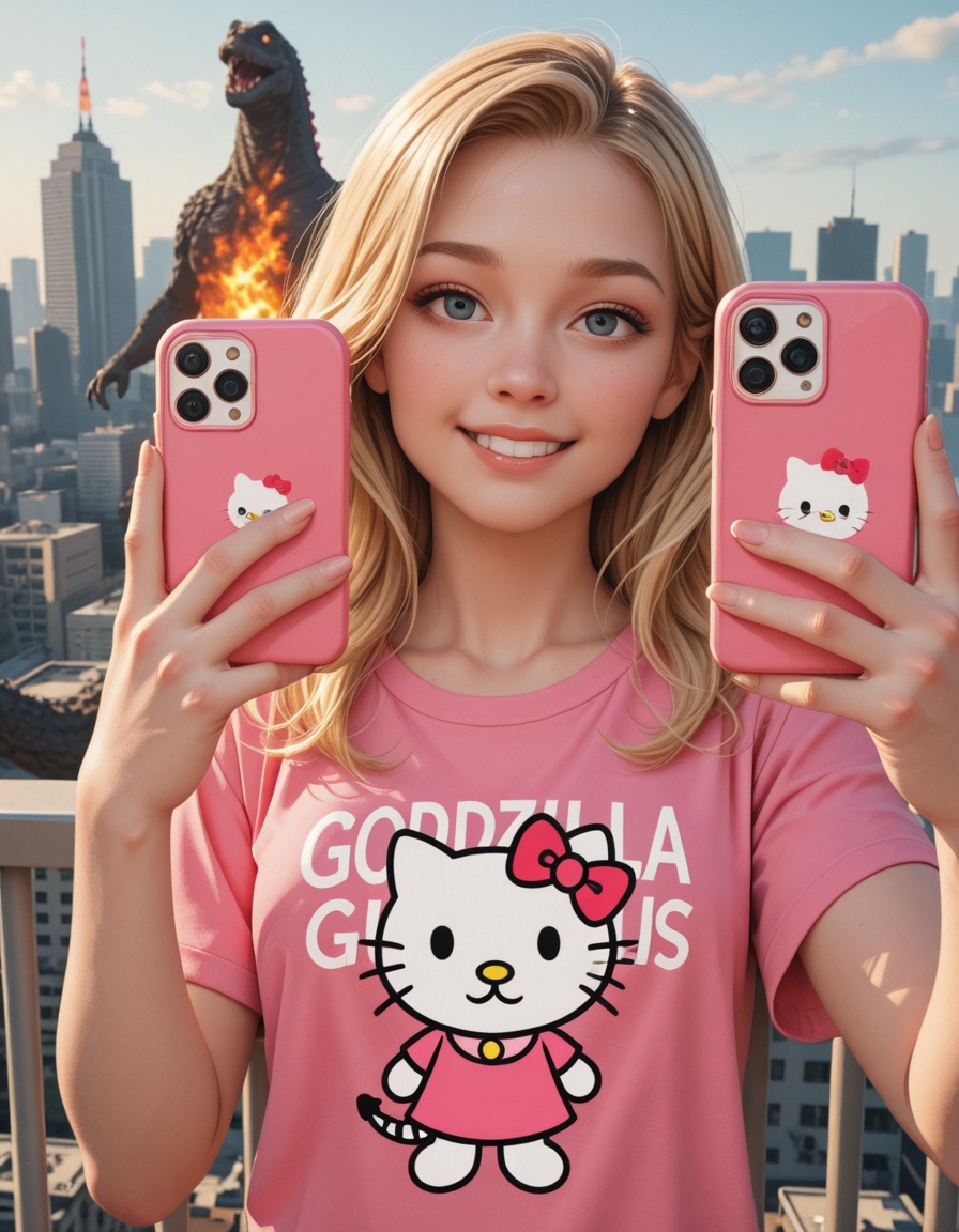 a beautiful blonde girl smiling and taking a selfie with an iphone,  dressed with a hello kitty pink t-shirt, on Tensor.Art