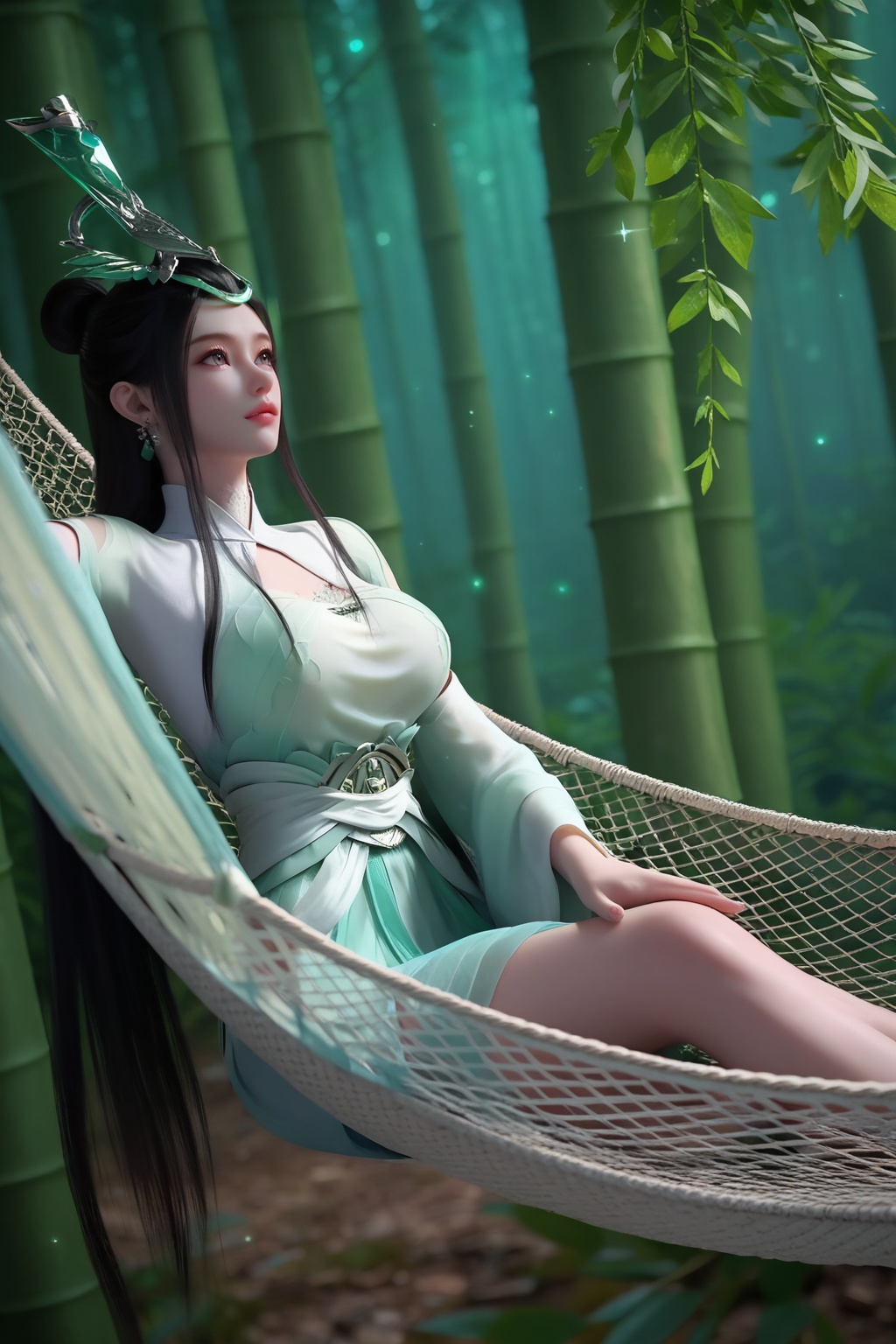 (Lying on a hammock, she looks up at a starry night sky, her dreams reaching for the heavens:1.2),<lora:XL16神国之上陆嫁嫁:0.85>,miss lujiajia,mint green chinese clothes of sheer chiffon,brown eyes,black hair,single hair bun with long front strands,very long hair,hair ornament,jewelry,sash,wide flowing sleeves,(large breasts:1.2),bamboo forest,water,river,stone,, score_9,score_8_up,score_7_up,score_6_up,score_5_up,score_4_up,3d rendering,tag1,tag2, Cinematic Lighting,backlighting,