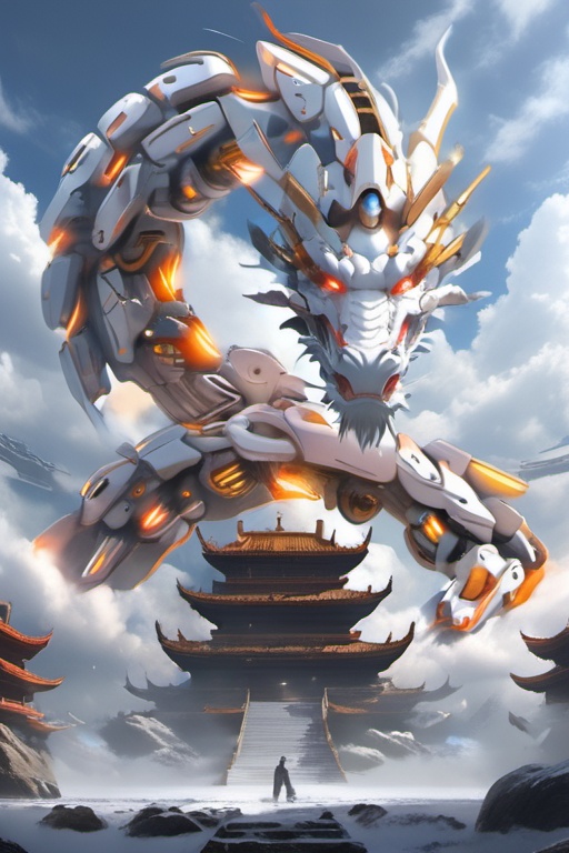 8k,High quality,high quality,morning sunshine,glowing body,mechanical joint,orange led light,high detailed mecha,high-precision mecha,mecha,exoskeleton mechanical armor,red eyes,outdoors,horns,sky,growing joint,day,cloud,blue sky,no humans,glowing,cloudy sky,scenery,eastern dragon,pagoda,building,flying,jet device,high detailed,white mecha,HD,black joint,<lora:mecha_loong_xl_v1:0.6>,a mecha dragon,