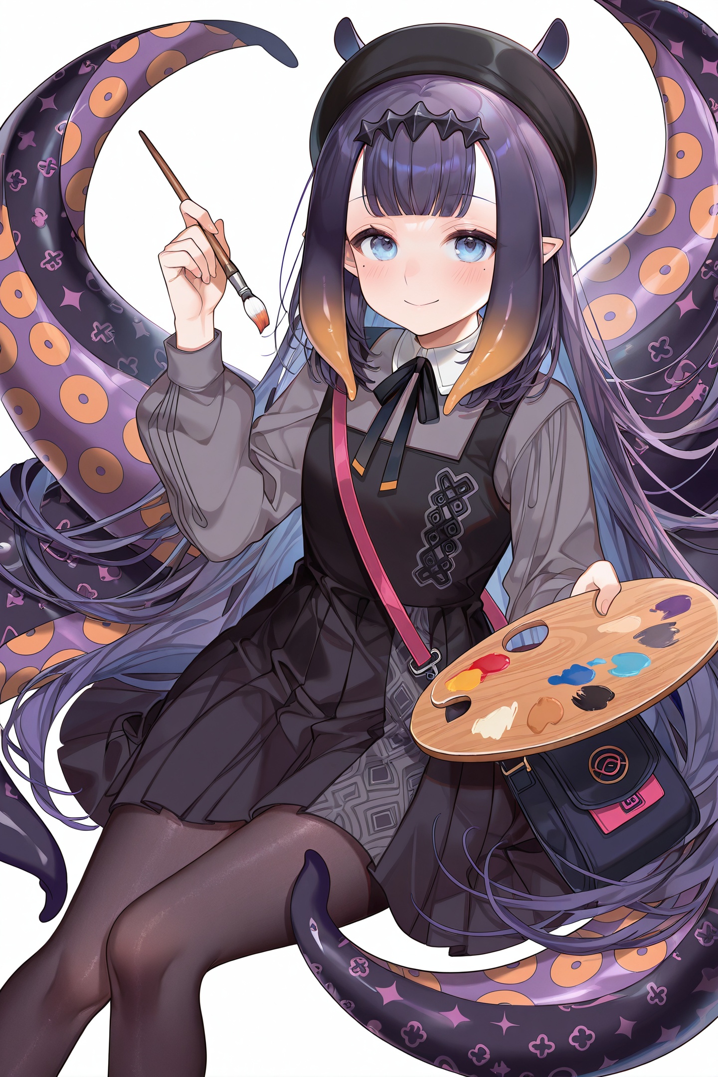 Machi Style,1girl,ninomae ina'nis,long hair,solo,tentacle hair,pointy ears,dress,orange hair,palette \(object\),gradient hair,multicolored hair,very long hair,blunt bangs,smile,paintbrush,purple hair,looking at viewer,sidelocks,pantyhose,hat,mole under eye,white background,black dress,beret,holding,simple background,mole,shirt,holding paintbrush,long sleeves,blue eyes,pinafore dress,bag,black headwear,sleeveless dress,official alternate costume,closed mouth,sleeveless,black ribbon,sitting,pleated dress,ribbon,blush,neck ribbon,black pantyhose,<lora:Machi_illustriousXL:1>,