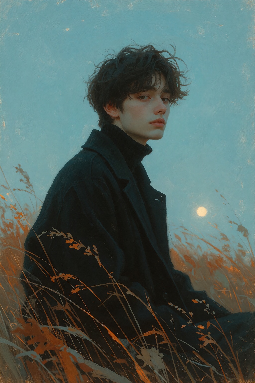 Create a melancholic portrait of a young man with dark,  tousled hair,  framed against a vast on Tensor.Art