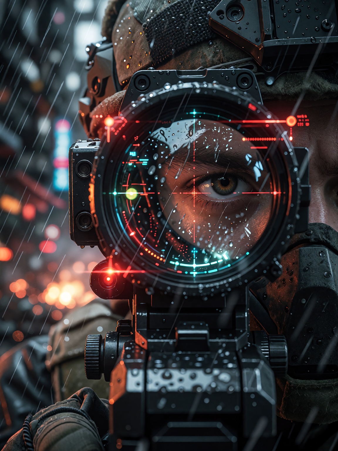 A hyper-detailed close-up of a soldier’s eye peering through a futuristic tactical scope,  rain streaking diagonally acros...