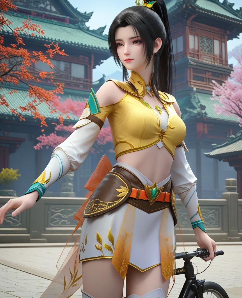 (oriental architecture, elegant decor, sophisticated style:1.1),cycling,(breasts:1.2),<lora:XL16大主宰叶轻灵:0.95>,miss yeqingling,yellow crop top,brown eyes,black hair,long hair,high ponytail paired with front strands,hair ornament,white miniskirt,sash,bracer,white boots,bow,shoulder cutout,, zPDXL2, score_9, score_8_up, score_7_up BREAK realistic, masterpiece,best quality, highly detailed,, zPDXL3, zPDXL2,zPDXL, zPDXLxxx, zPDXLrl,