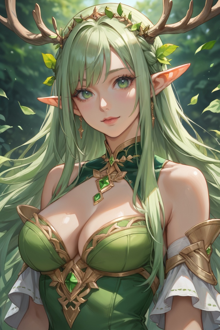 score_9, score_8_up, score_7_up, masterpiece, best quality, absurdres, very aesthetic, source_anime, detailed illustration, 8K UHD, upper body, 1girl, solo, looking at viewer, long hair, medium breasts, cleavage, bare shoulders, green eyes, detached sleeves, green hair, pointy ears, leaf, elf, green dress, antlers
