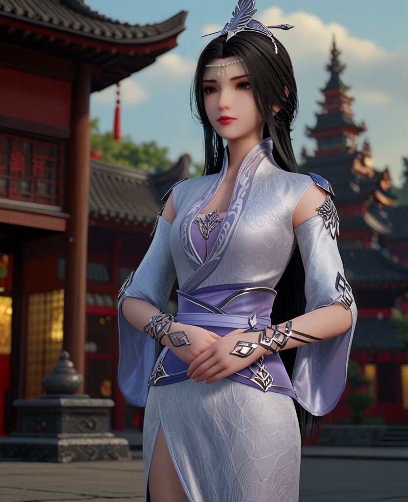(oriental architecture, elegant decor, sophisticated style:1.1),(Hands on the waist, looking to the side,:1.1),(breasts:1.2),<lora:XL神墓楚月:0.95>,miss chuyue,silver dress,sash,detached sleeves,brown eyes,black hair,long hair,hair ornament,wrist cuffs,, score_9,score_8_up,score_7_up,score_6_up,score_5_up,score_4_up,3d rendering,tag1,tag2, Cinematic Lighting,backlighting,