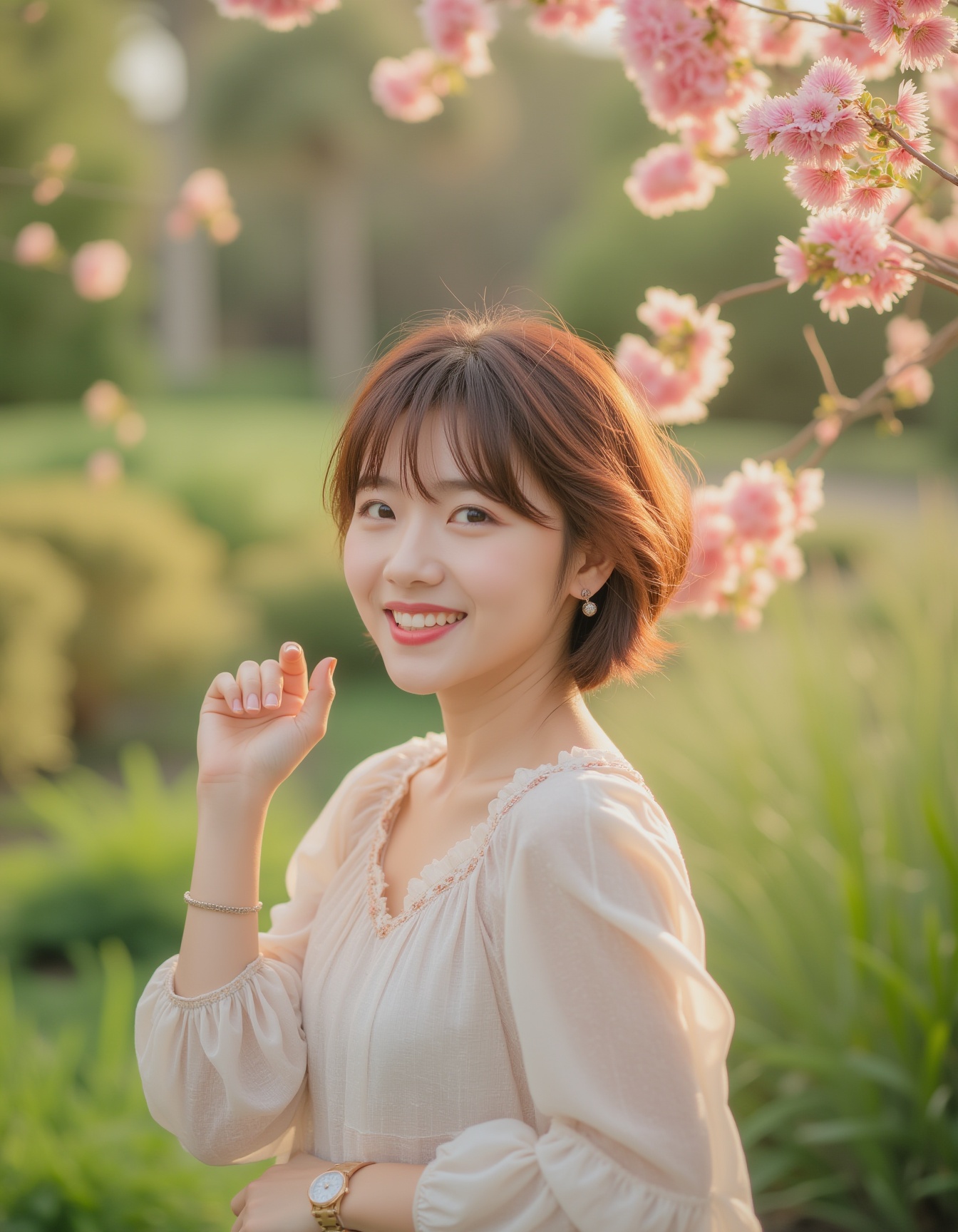 A high-quality photograph of a young woman standing in a vibrant garden,  smiling brightly. She has short,  wavy brown hai...