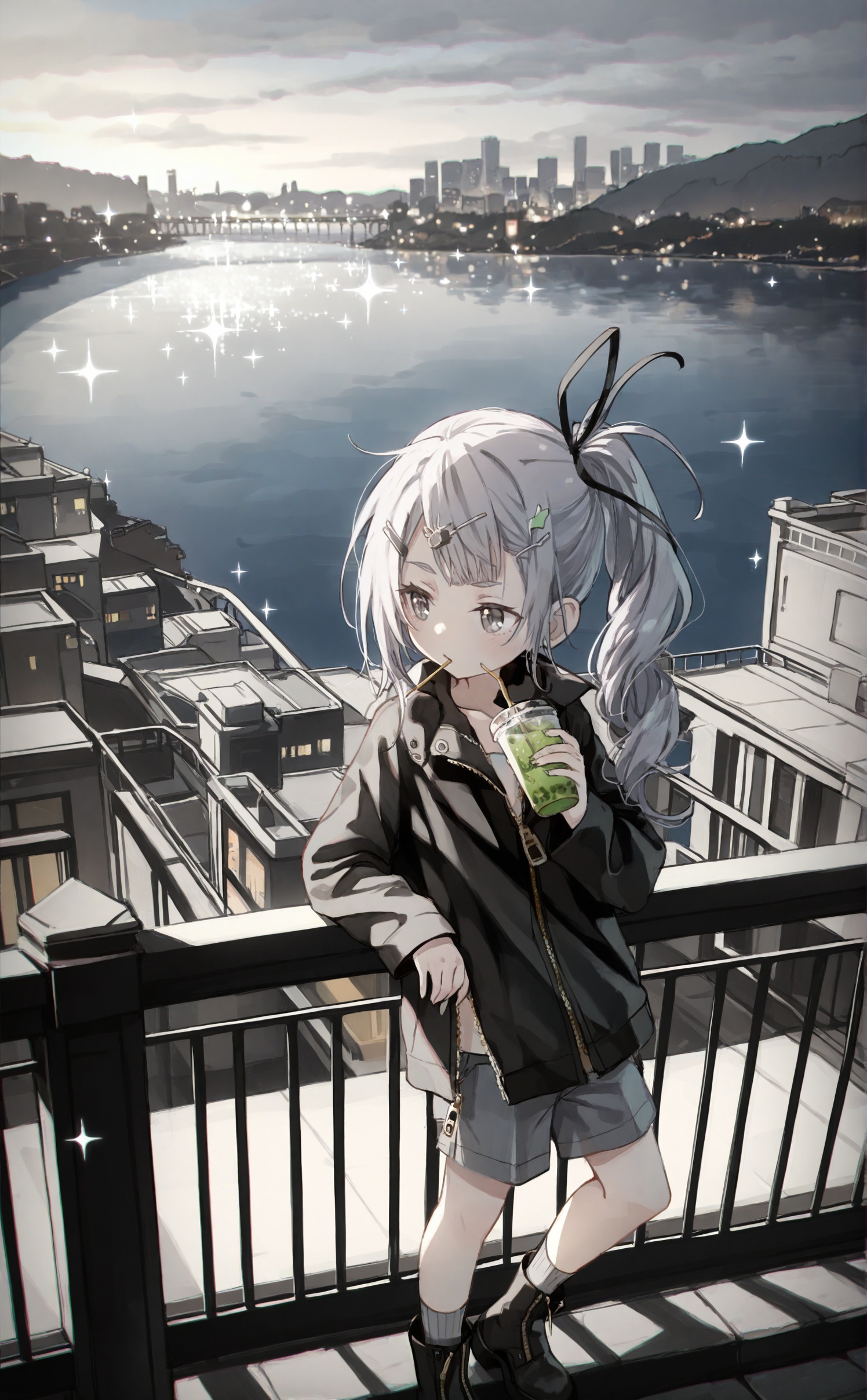 masterpiece,absurdres,best quality,loli,petite,high quality,chromatic_aberration,//,1girl, solo, hair ornament, against railing, outdoors, holding, river, cup, drinking straw, holding cup, disposable cup, drinking straw in mouth, ribbon, black footwear, side ponytail, cityscape, boots, hair ribbon, grey eyes, jacket, railing, hairclip, grey hair, drinking, sky, long hair, holding drink, leaning on object, black jacket, long sleeves, socks, black ribbon, cloud, zipper, bridge, city, shorts, standing, sparkle<lora:Nano_渡コキュー:0.8>,