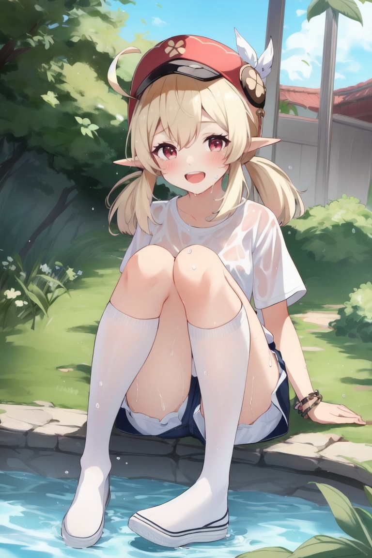 ((HRD, HUD, 8K)),((masterpiece, best quality)), highly detailed,Klee, klee (genshin impact), 1girl, shoes, shorts, pointy ears, pantyhose, blonde hair, shirt, feet, ahoge, solo, smile, twintails, white pantyhose, open mouth, white shirt, short sleeves, red eyes, sitting, looking at viewer, bangs, shoes removed, wet, low twintails, soles, bracelet, upper teeth only, wet clothes, toes, teeth, :d, hair between eyes, jewelry, dodoco (genshin impact), short shorts, white footwear, no shoes, wet shirt, see-through, white shorts, sidelocks, visor cap, foreshortening, red headwear, sneakers, foot focus, long hair, bottle, blush, alternate costume, legs, jumpy dumpty,  <lora:20240702-1719916281946:0.7>