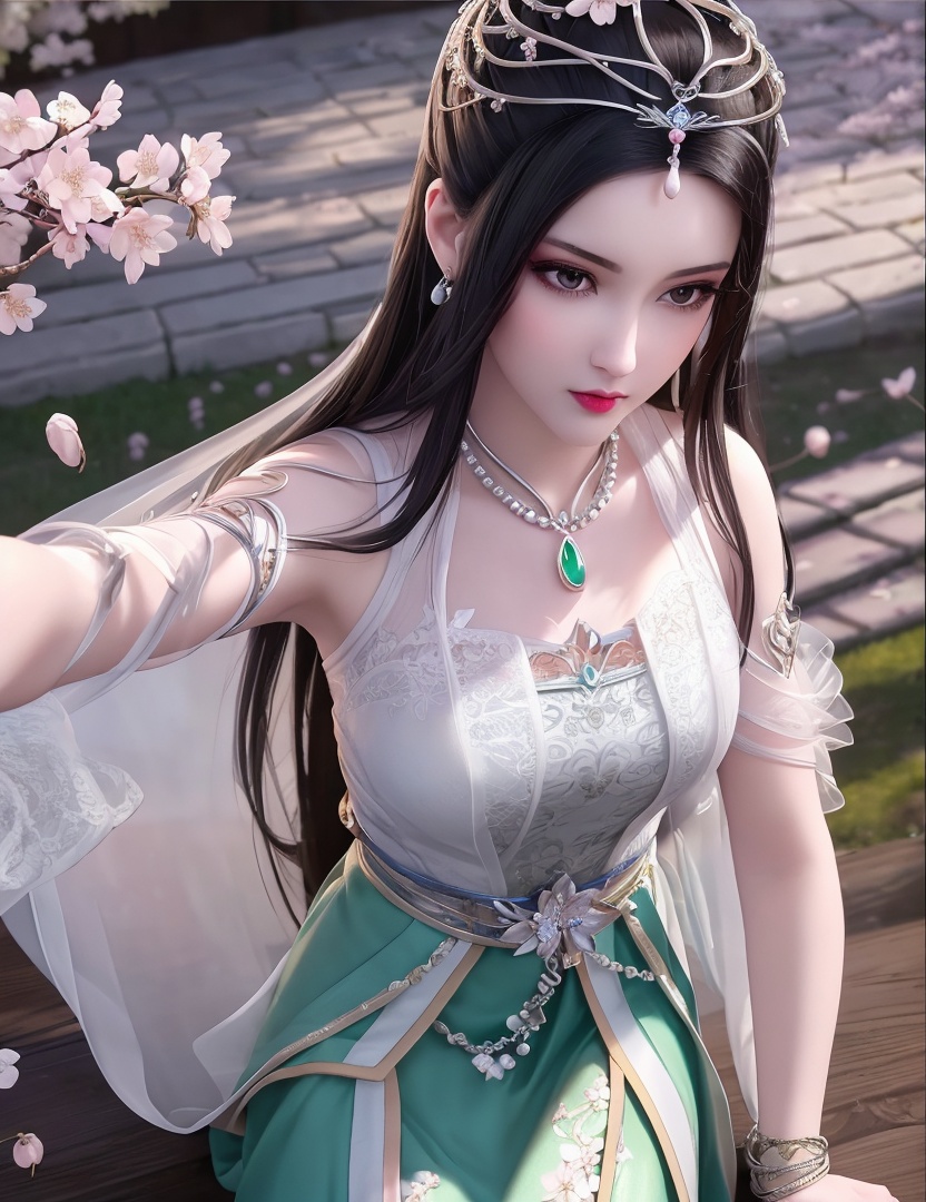 ultra realistic 8k cg, picture-perfect face, flawless, clean, masterpiece, professional artwork, famous artwork, cinematic lighting, cinematic bloom, perfect face, beautiful face, fantasy, dreamlike, unreal, science fiction,   lace, lace trim, lace-trimmed legwear,  (rich:1.4), prestige, luxury, jewelry, diamond, gold, pearl, gem, sapphire, ruby, emerald, intricate detail, delicate pattern, charming, alluring, seductive, erotic, enchanting, hair ornament, necklace, earrings, bracelet, armlet,halo((,1girl, pov,))  , ((((1girl, solo, ,cherry blossoms,outdoors, ))))<lora:DA_LinQingZhu:0.7>