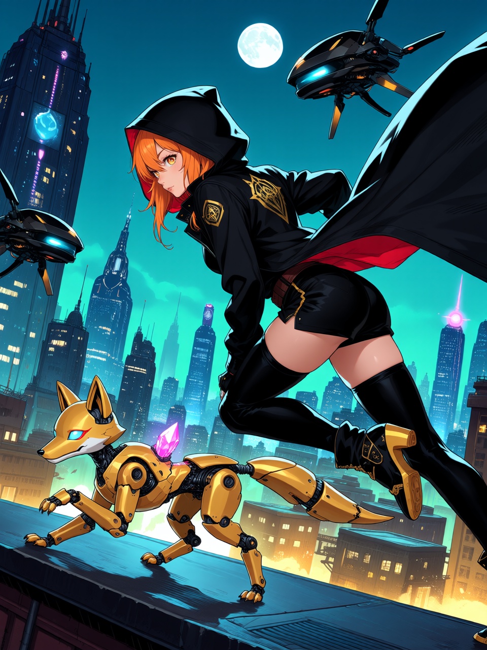 a clever anime thief running across the rooftops of a futuristic city with a small mechanical fox beside her,  carrying a...