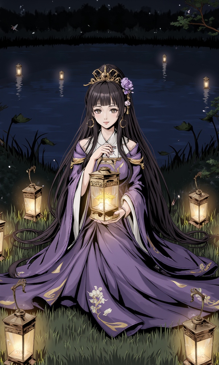 <lora:flux-lora-000010:1>,This is a digital artwork featuring a serene,ethereal scene. A young Asian woman with long,dark hair adorned with a golden crown and a purple flower sits on lush grass by a calm lake. She wears a traditional,flowing purple dress with intricate patterns and holds a glowing lantern emitting a warm,golden light. The lantern is detailed with a floral design and a small dragonfly perched on it. Surrounding her are several more lanterns,casting a soft glow in the night. The background shows a dark,starry sky and the serene lake reflecting the lanterns. The artwork is rich in detail and texture,blending realistic elements with a fantastical,dreamlike quality.,