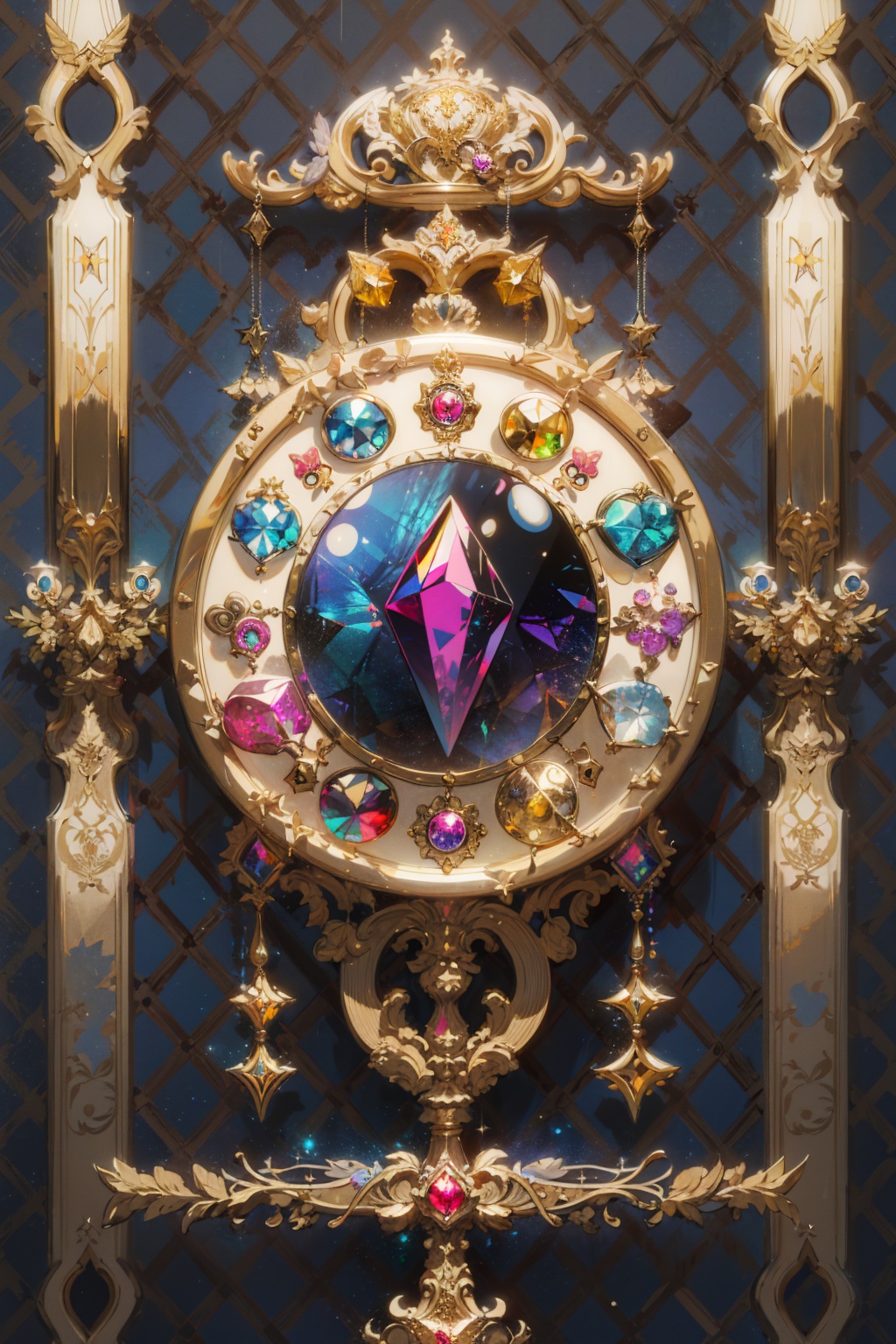 masterpiece,best quality,no humans,gold line,gold,argyle,argyle background,gem,glowing,gold trim,jewelry,magic circle,symbol,crystal,fantasy,still life,badge,