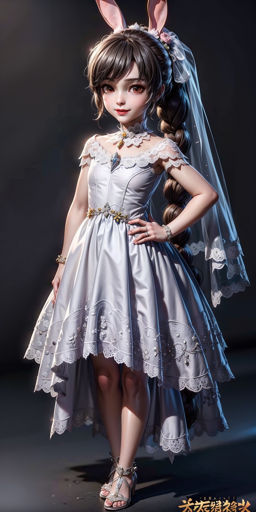 (wedding_dress:1.2),gorgeous wedding dress,masterpiece,best quality,illustration,anime,simple gray background,full_body,solo,stylish_pose,smile,xiaowu,1girl,(child:1.2),long hair,braid,animal ears,rabbit ears,very long hair,brown hair,flat chest,black hair,brown eyes,ponytail,choker,barefoot,<lora:xiaowu_20240306204015:0.7>,<lora:add_detail:1>,transparent,