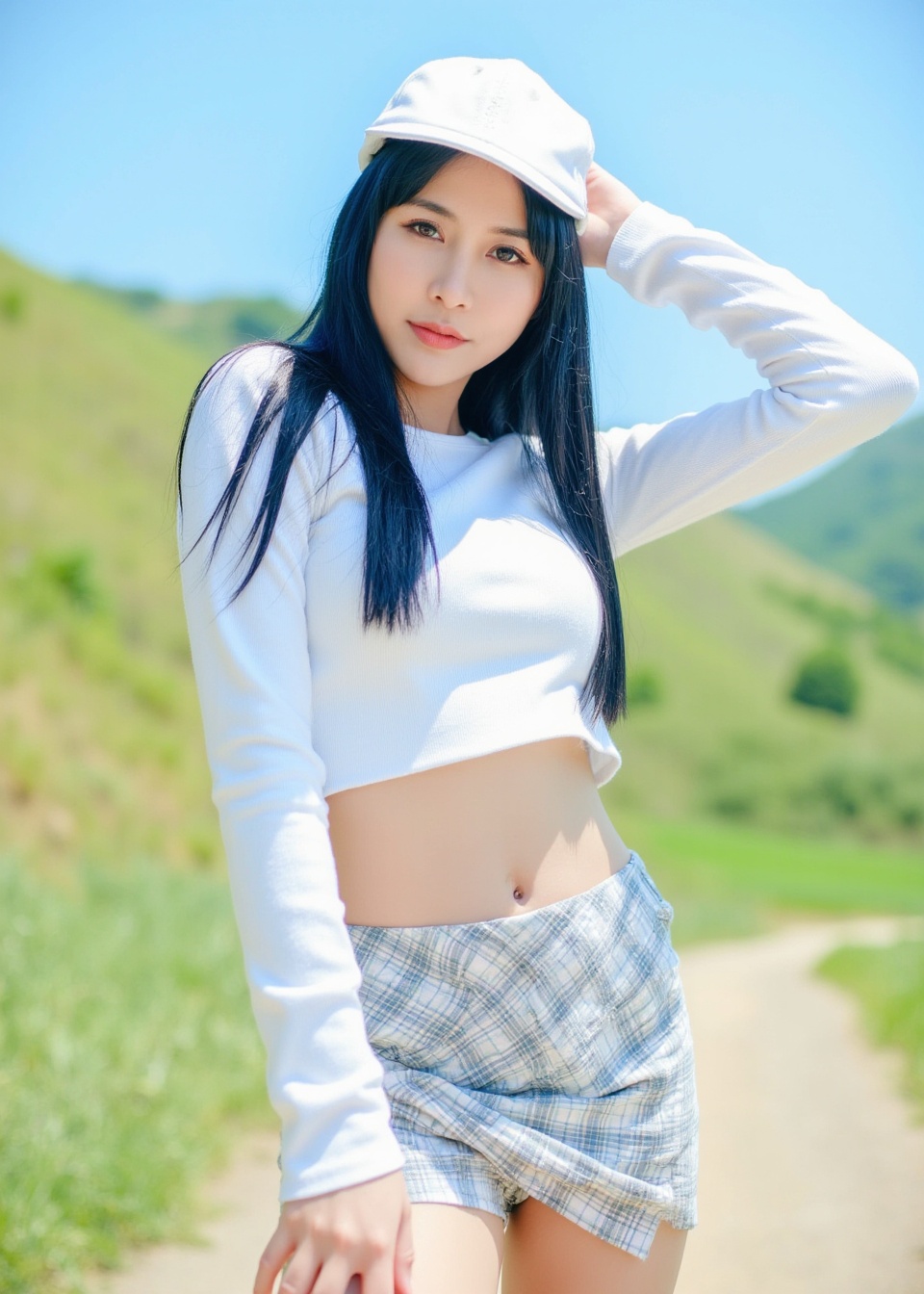 A photograph of a young Asian woman with long,straight black hair,wearing a white,long-sleeved crop top and a short,plaid skirt. She is outdoors on a sunny day with a clear blue sky and green grassy hills in the background. She has a slim physique and is posing confidently,one hand on her head,the other resting on her thigh. Her expression is neutral,and she wears a white cap. The image is bright and vivid,capturing a casual,summery vibe,