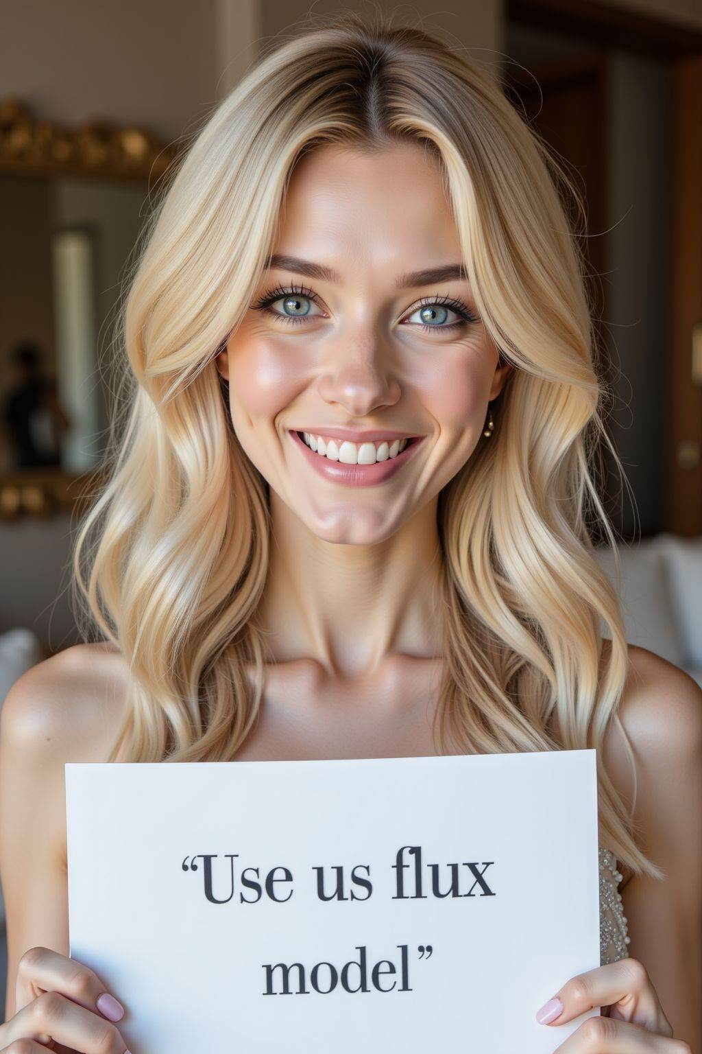 instagram photo, closeup face photo of 20 y.o, blonde and blue eyes, pale skin, smile, elegant dress, holding a sign with text "Use the flux model",