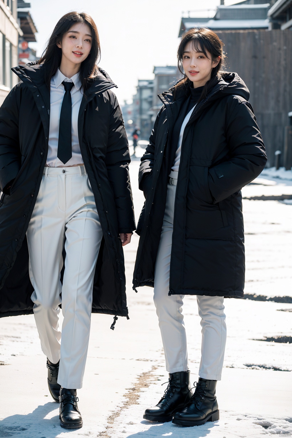 fullbody,2 people,1 girl, 1 boy,crazy smile,Studio Lighting,Wear the same Black parka,(Middle length Black parka:1.3),Slim fit parka,White shirt,Appear thin,necktie,Black pencil pants,Good lightingBy Lake Baikal,Snowy scenery,Black socks,Heavy snow is falling profusely,Bright sunshine,standing, Winter Lake Background,The dazzling sunshine at noon(8k, RAW photo, best quality, masterpiece:1.2),(realistic, photo-realistic:1.37),photon mapping,professional lighting,radiosity,trousers,Simple background,mature female,Mature males,Cusp high-heeled shoes,High top leather shoes,(in winter:1.3),(photorealistic:1.2),(film grain:0.2),((Depth of field)),spoken flying sweatdrops,official art,Best quality,masterpiece,((photorealistic:1.4)),extremely delicate,intricate details,best shadow,HD photos,slr,8k,hyperdetailed,(soft light), standing,rich in detail,(exposure blend:1.3)<lora:EMS-90581-EMS:0.300000>, <lora:EMS-360109-EMS:0.800000>