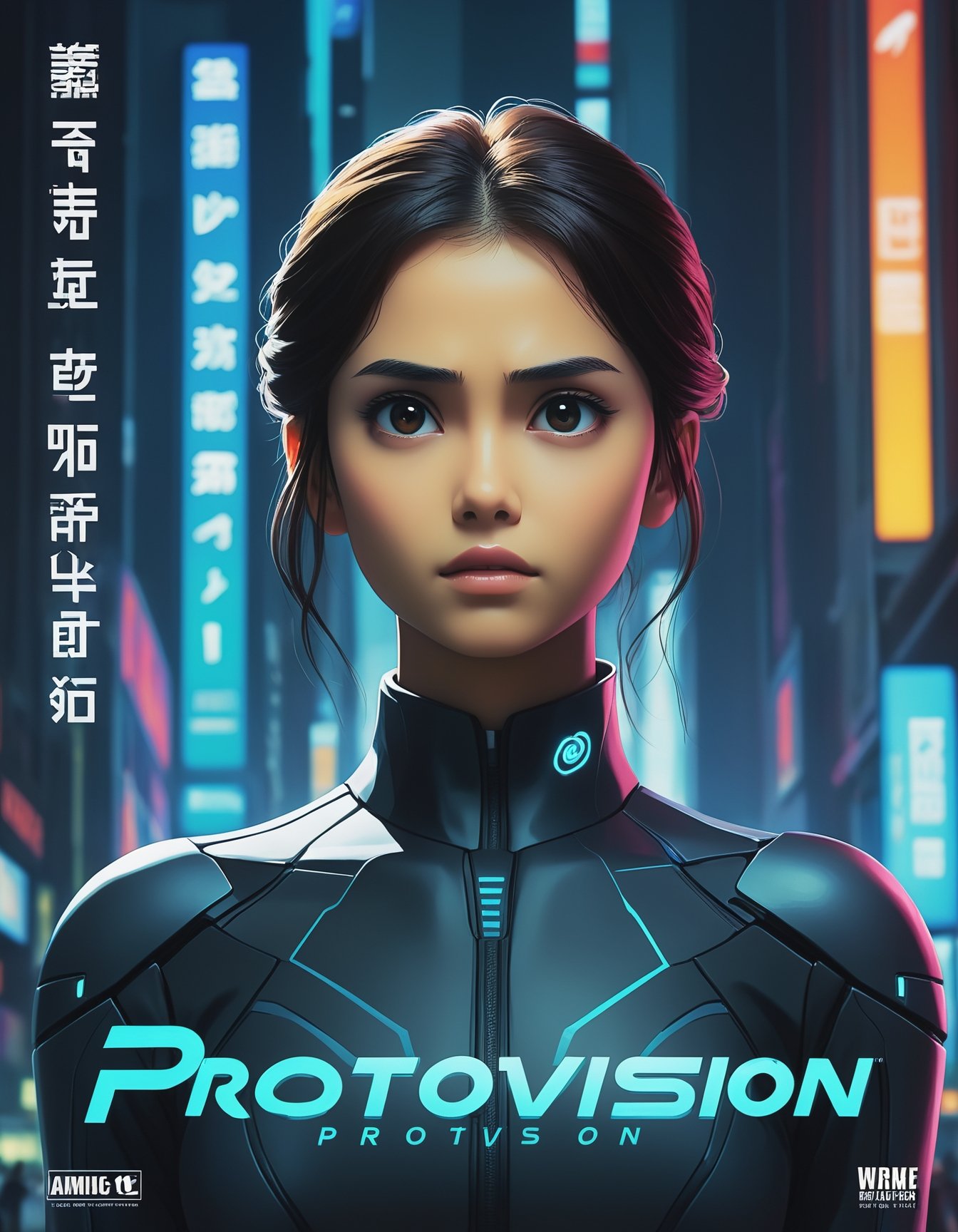 (movie poster with title and text graphics:1.3) (under the title banner text logo "PROTOVISION":1.3), a lone beautiful woman stands poised, waiting, an anxious look on her beautiful face, illustrated by {1-3$$ and by $$$__animeartist__|__animeartist__|__animeartist__}