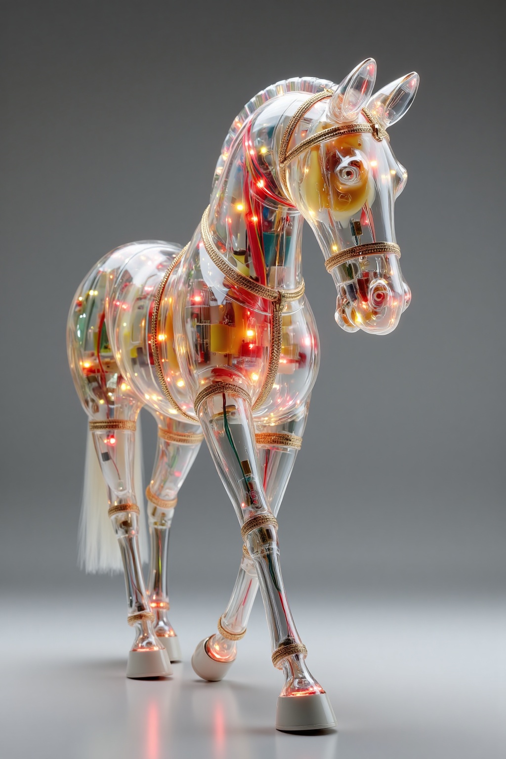 beijihui,Captured from a low-angle perspective on a gray backdrop,a clear plastic horse is adorned with red,orange,and yellow lights. The horse's head is encased in a transparent transparent glass,and its mane and tail are adorned with a gold chain,adding a touch of sparkle to the scene. Its legs are slender,and the horse's hooves are adorned in a white base. The backdrop is a solid gray,creating a stark contrast to the horse.,