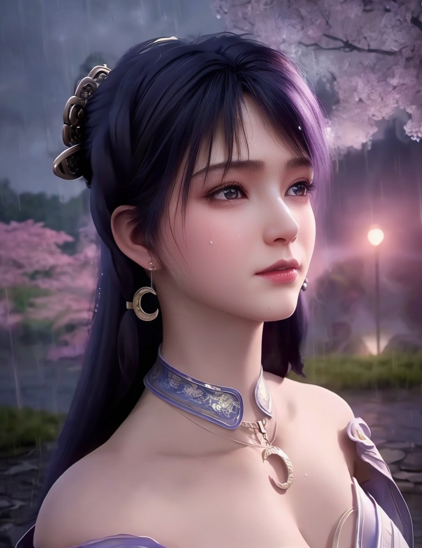 <lora:517-DA-遮天-姬紫月:0.8>(,1girl, ,best quality, ),looking at viewer, ,ultra detailed 8k cg, ultra detailed background,  ultra realistic 8k cg,          cinematic lighting, cinematic bloom, (( , )),,  , unreal, science fiction,  luxury, jewelry, diamond, pearl, gem, sapphire, ruby, emerald, intricate detail, delicate pattern, charming, alluring, seductive, erotic, enchanting, hair ornament, necklace, earrings, bracelet, armlet,halo,masterpiece, (( , )),,  ,cherry blossoms,(((, night,night sky,,  ultra high res, (photorealistic:1.4), raw photo, 1girl, , rain, sweat, ,wet, )))(( , ))   (cleavage), (),