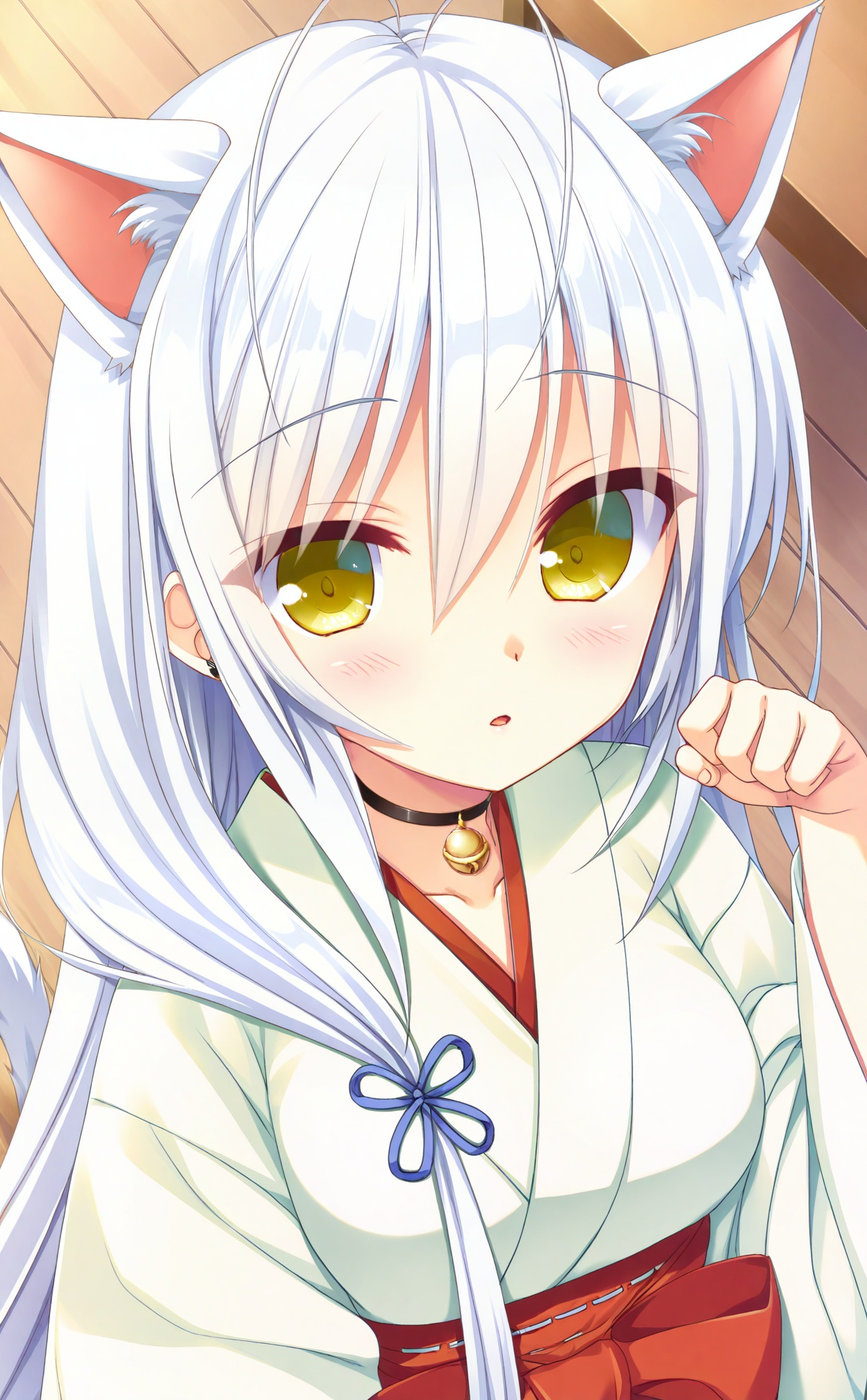 masterpiece,highres,absurdres,newest,best quality,loli,petite,high quality,chromatic_aberration,//,umino_miyako, 1girl, animal_ears, tail, solo, cat_ears, cat_tail, japanese_clothes, bell, long_hair, yellow_eyes, neck_bell, kimono, looking_at_viewer, hair_between_eyes, white_kimono, white_hair, paw_pose, antenna_hair, cat_girl, collarbone, extra_ears, jingle_bell, parted_lips, indoors, hand_up, choker, eyes_visible_through_hair, animal_ear_fluff, miko, wide_sleeves, black_choker, long_sleeves, hair_over_shoulder, upper_body, ribbon, collar, table, eyelashes, blue_ribbon, close-up, breasts, upturned_eyes, from_above, wooden_floor//,<lora:umino_miyako——【noob】hans:1>,