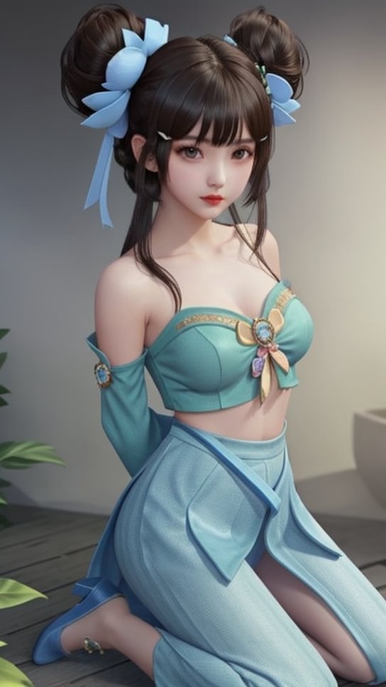 (1girl),smooth chin,masterpiece,detailed face,((hair ornament)),top quality,4k,make up,best quality,medium breasts,(looking at viewer),long legs,double bun,jewelry hair,dress,detached sleeves,ribbon,shawl,light blue skirt,puffy pants,hair rings,hair flower,(wariza),(arms behind back),bangs,jewelry on bangs,<lora:王者小乔青蛇SD_v1.0:0.6>,