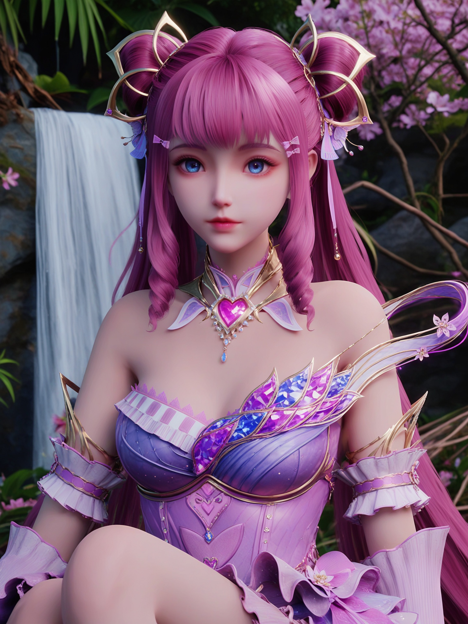 score_9_up,1girl,solo,best quality,aesthetic,detailed,white flower,lily \(flower\),daisy,wire,leaf,bug,sitting,<lora:神印王座-陈婴儿Pony:0.7>,long pink hair is styled in two elaborate buns,golden,ornate hairpins,butterfly-shaped hair clip. wears a golden,ornate necklace with a heart-shaped pendant,wears a striking,elaborate dress in shades of pink and white,with intricate lace and ruffles cascading down from her bodice.,