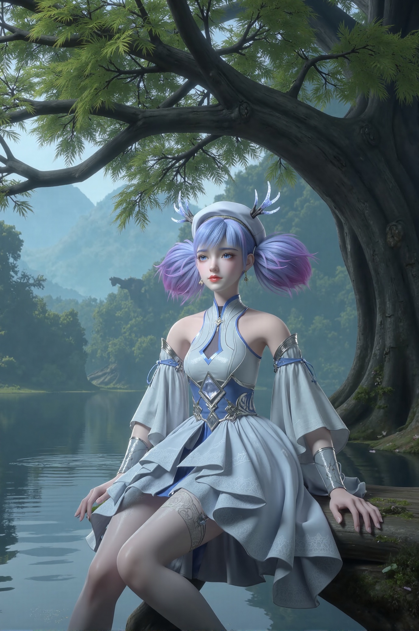 Tutu Aurora 8D Pantyhose (the name is a trigger word), Generate a serene natural scene featuring Xiaolu, a female character inspired by East Asian aesthetics. She has long purple hair styled in twin tails or pigtails, some strands are lavender with purple tips, others dyed blue or pink. Her bangs frame her face and flow gracefully. Xiaolu wears a white and silver futuristic fantasy outfit: a high-collar dress with off-shoulder sleeves, a frilly skirt, and thigh-high stockings. Accessories include an ornate headpiece, feather-adorned hat, silver choker, large earrings, and intricate jewelry with elaborate patterns. The setting is a tranquil, lush forest during a gentle rain. The image is dominated by a large tree with a thick, dark trunk and a canopy of vibrant green leaves. The tree's branches extend horizontally, creating a dense, leafy canopy that shades the scene. Raindrops are visible, falling gracefully from the branches and creating a soft, misty effect on the leaves. The raindrops also create a gentle, rippling effect on the calm water below, which reflects the tree and the sky above. The water is a clear, reflective blue, mirroring the greenery and the sky. In the background, a dense forest of trees with varying shades of green provides a lush, verdant backdrop. Xiaolu is positioned within this scene, harmonizing with the peaceful and refreshing mood. Her expression is serene, adding to the overall sense of tranquility and natural beauty. The image should emphasize close-up details like fabric texture, jewelry, and facial expression, while maintaining a full-body composition. Tutu Aurora 8D Pantyhose,