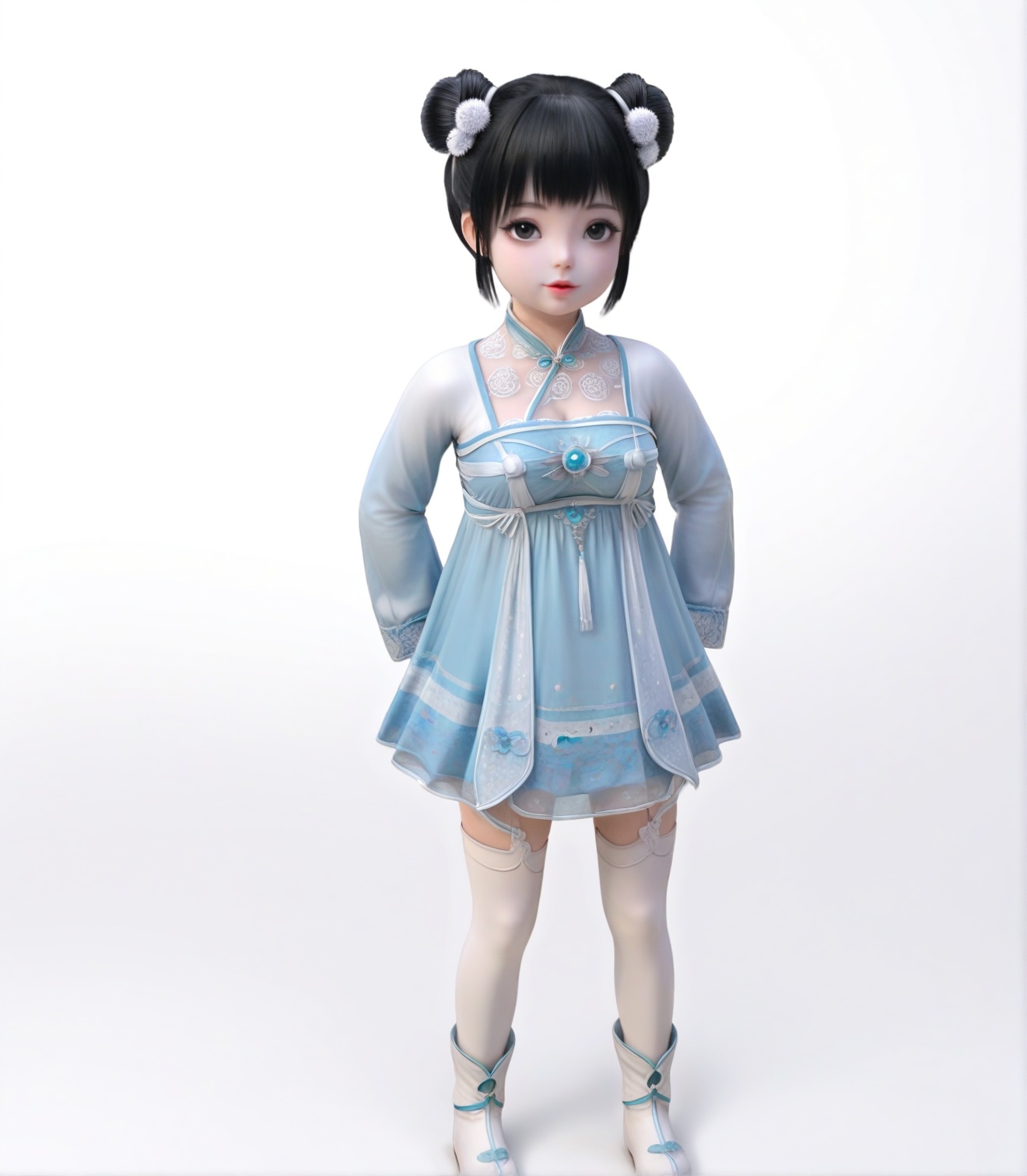 score_9,1girl,solo,child, hair ornament,dress,hair bun,double bun,breasts,large breasts,dress,lipstick,eyelashes,bangs,black eyes,long sleeves, black hair,looking at viewer,white background,simple background,full body,white boot,white thighhighs,<lora:SF_XiaoRuoXi_Pony_Realism2.3:0.72>,