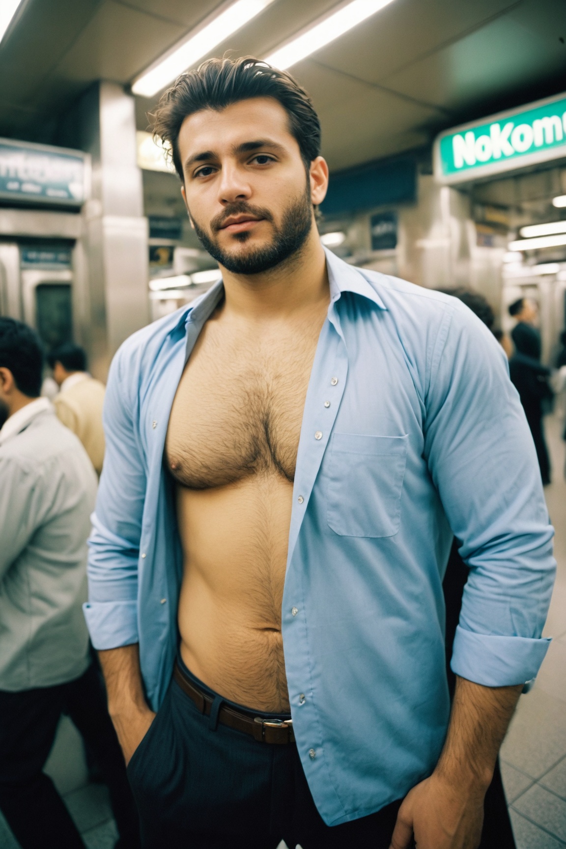 vintage photo of a businessman standing in a crowded metropolitan subway station,  Arab,  Nikon F on Tensor.Art