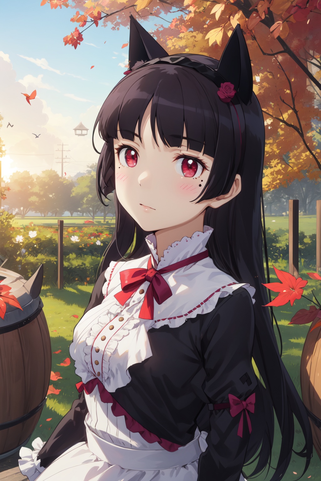 <lora:Ruri-000010:0.8>,Ruri cyql,1girl,looking at viewer,solo,long hair,black hair,hime cut,red eyes,mole,mole under eye,cat ears,animal ears,gothic lolita,lolita fashion,dress,frills,Stoic, Expressionless face with a neutral mouth and a neutral gaze.,upper_body,beautiful face,beautiful eyes,glossy skin,shiny skin,Vineyard, Grapes, Harvest, Wine barrels, Autumn leaves, Sunshine, Rows, Winery,(Cherry blossoms, Country lane, Blossom petals, Springtime charm, Rural tranquility, Cherry blossom drift:0.6),beautiful detailed sky,beautiful detailed glow,posing in front of a colorful and dynamic background,masterpiece,best quality,beautiful and aesthetic,contrapposto,female focus,wallpaper,fashion,