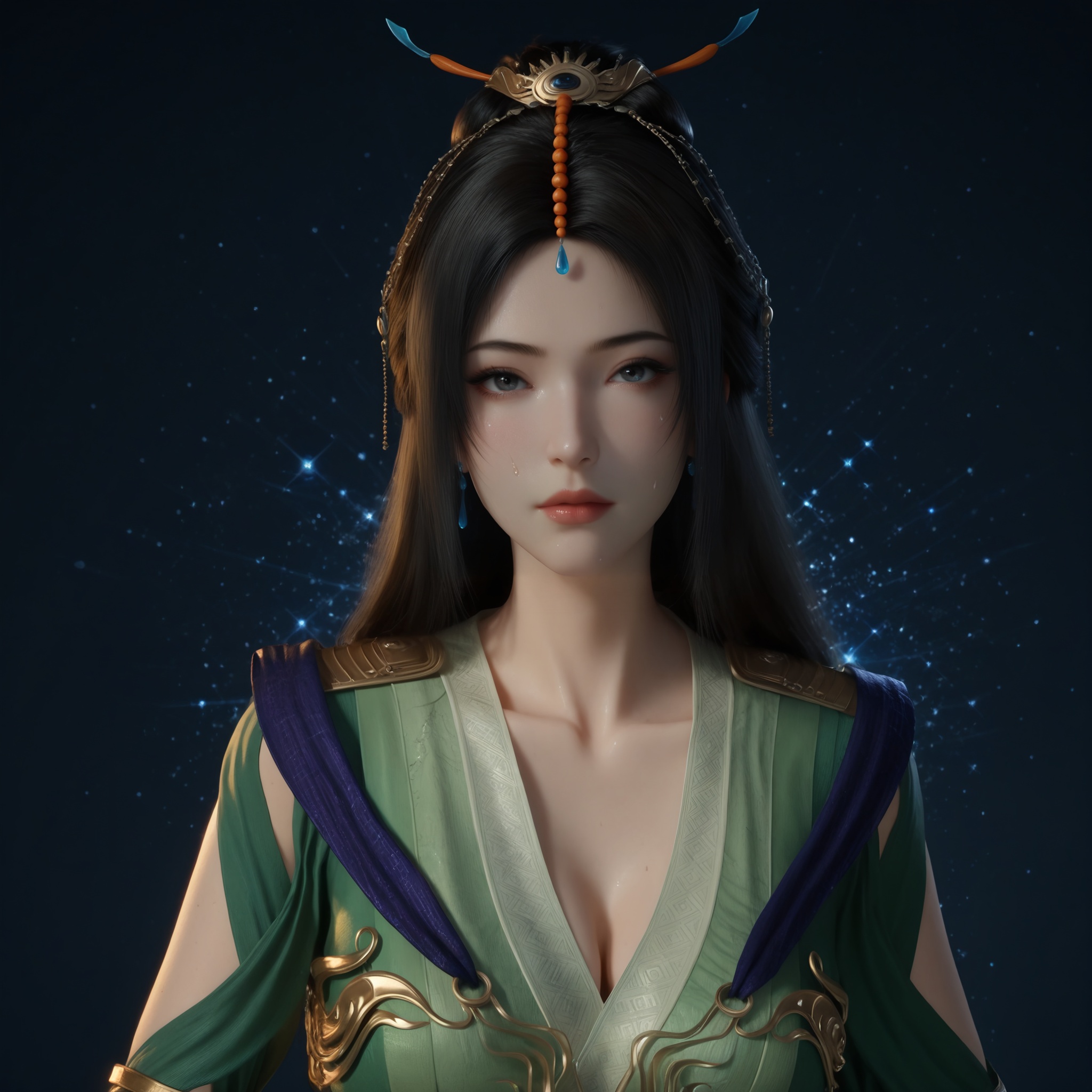 (score_9),upper body,<lora:柳玉-apony:0.83>,liuyu,1girl,solo,long hair,hair ornament,single hair bun,black hair,earrings,traditional dress,green_traditional dress,mature_female,collarbone,pointy breasts,puffy breasts,(large teardrop breasts),teardrop breasts,teardrop breasts,cleavage,BREAK<lora:Expressive_H-000001:0.8>,light blush,Expressiveh,looking at viewer,front view,<lora:皮肤凹痕:1.2>,fair_skin,(pale skin),(sweaty_skin),ultra-detailed skin texture,detailed textures,sweat,sweatdrop,BREAKsimple background,<lora:e色温:-0.25>,sparkle,sparkle background,fluorescence,fluorescent,4K ultra HD,sharp focus,high detail,high contrast,