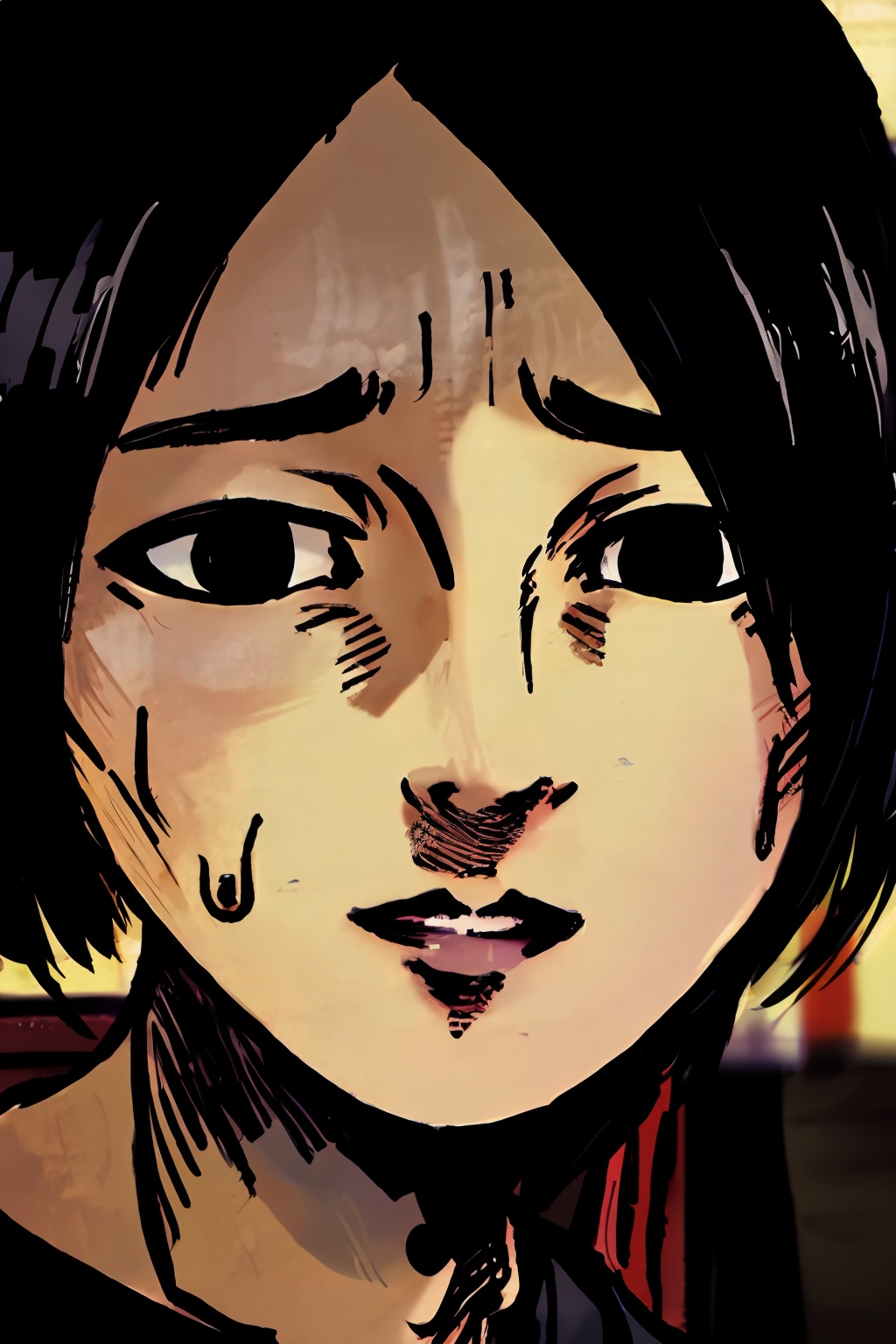anzhiju_style,anzhiju_style, a drawing of a woman with a sad look on her face and eyes, with a black hair and a black shirt, 1girl, solo, short hair, black hair, 1boy, sweat, parted lips, sweatdrop, parody, looking at viewer, indoors, black eyes, meme, wide-eyed, scene reference