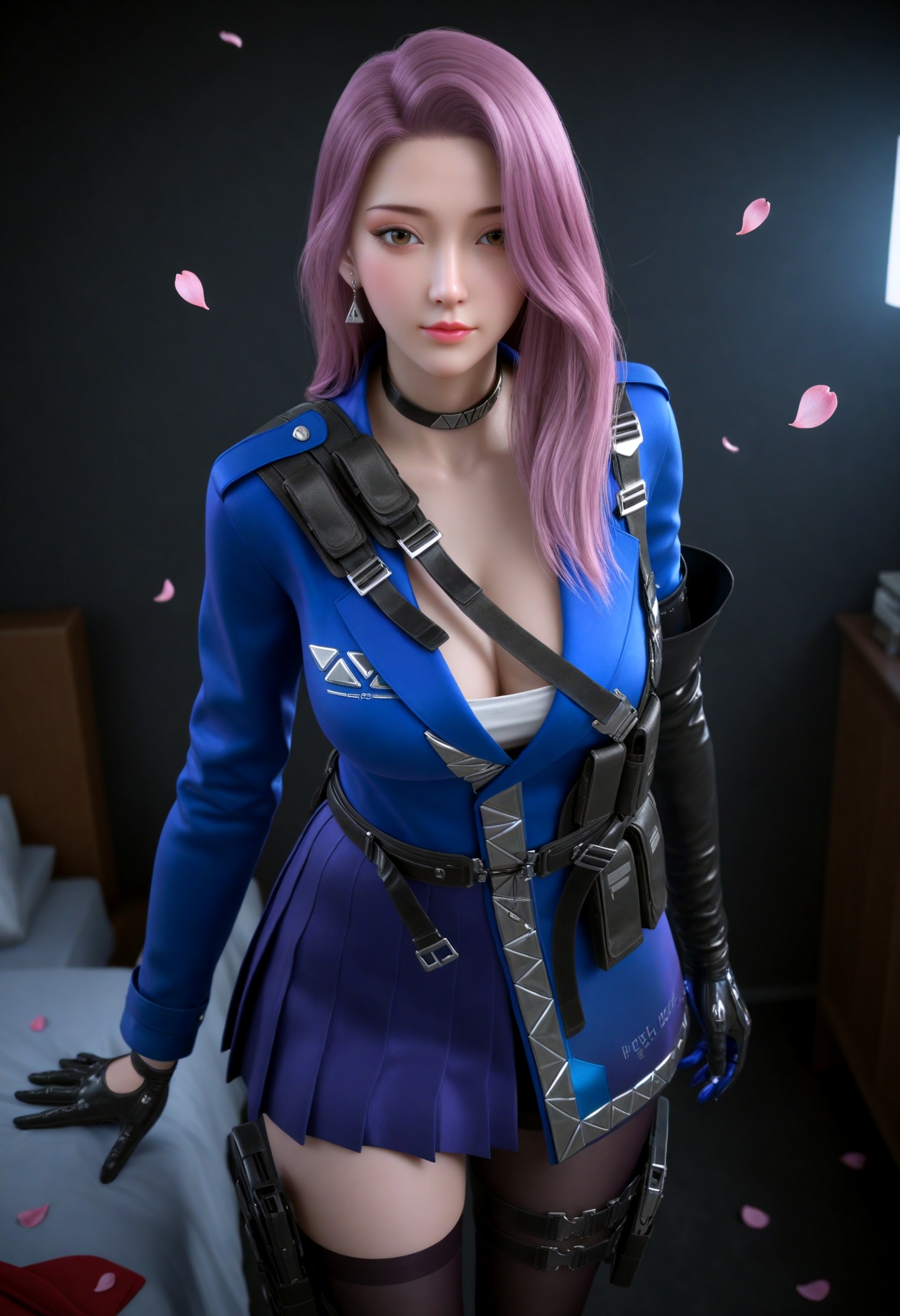 (cowboy shot:1.2),(gigantic breasts:0.6),(slender:1.3),(looking_at_viewer:1.1),(masterpiece:1.1),(best quality:1.2),(intricate details),dim lighting,(smog:1.3),(Dark room:1.3),(dim lighting:1.3),peach blossom,falling petals,<lora:YQ_Illustrious光辉v5_云悠悠保卫者_V1:0.8>,solo,long hair,gloves,pink hair,choker,belt,black gloves,jewelry,earrings,brown eyes,thighhighs,jacket,skirt,holster,blue jacket,purple hair,single thighhigh,asymmetrical legwear,black choker,pantyhose,cleavage,black thighhighs,dress,high heels,strap,thigh strap,thigh holster,pouch,uneven legwear,elbow gloves,masterpiece,(best quality),(intricate details:0.9) BREAK masterpiece,(best quality),(intricate details:0.9),(realistic skin:1.2),