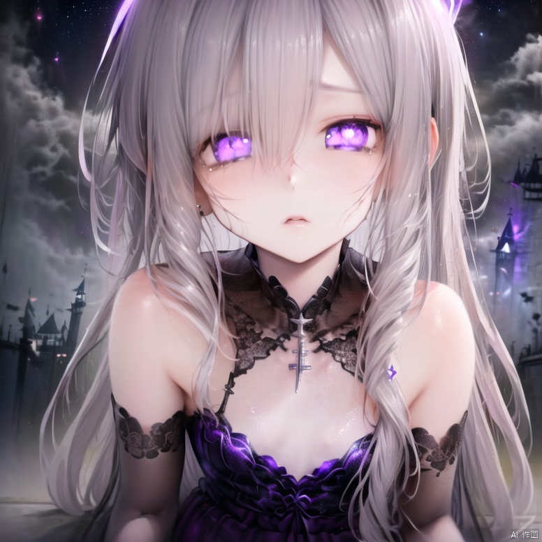 阿比斯dark,(best illustration,delicate face), (best shadow), ((masterpiece,an extremely delicate and beautiful)), (The highest definition and image quality),purple pupils, solo, (sitting,delicate face)pale skin, mysterious temperament, worn-out cloak, (delicate face), black fringe long skirt, slender figure, small chest, (Black shawl,Transparent clothing),((sitting,castle,ruins,delicate,pale skin,purple magic,purple eyes)),silver long hair, natural straight hair, (dark castle), (loli, kawaii, dark background, dark castle), mysterious halo, loneliness,deep night sky, silent forest,face close-up,delicate face ancient runes, dark night style, (extremely detailed CG unity 8k wallpaper), (((Damaged clothes,extremely detailed face and eyes, extremely beautiful and delicate face and eyes, wallpaper, extremely detailed face and eyes, fluttered detailed surroundings, extremely detailed CG unity 8k wallpaper, amazing, highly detailed, dark castle)), delicate face,(best illustration), (best shadow), pale skin(purple eyes, half-closed eyes, Highest quality)((an extremely delicate and beautiful, castle)), delicate face and eyes, pale skin, silver hair, kawaii, cute face, delicate face(delicate face, kawaii, girl, long hair, silver hair, hair strand, hair over eyes, masterpiece )purple pupils, (oil painting \(medium\):1.2),(pale skin, delicate face, masterpiece, face close-up)Black cloak, (face close-up, kawaii, delicate face, kawaii), mysterious temperament, worn-out cloak, black fringe long skirt, A cold expression, kawaii, cute face, dark, (oil painting \(medium\):1.5), small chest, silver long hair, natural straight hair, kawaii, girl, long hair, silver hair, hair strand, hair over eyes, abyssal aura, Dark Style, delicate face, kawaii, (Dark Castle, delicate face)(extremely detailed CG unity 8k wallpaper, castle), ((Dark background, dark castle)),(night, dark scene), ((an extremely delicate and beautiful,delicate face,kawaii)), purple pupils, pale skin, mysterious temperament, worn-out cloak, black fringe long skirt, indifference, curiosity, slender figure, White eyelashes, glowing eyes, natural straight hair, (delicate face, face close-up),abyssal aura, dark background, mysterious halo, loneliness, ((delicate face,castle, masterpiece, castle, pale skin, darkness,upper body)), (delicate face and eyes),((torn clothes,sleepy,kawaii,loli.delicate face))face close-up<lora:EMS-302518-EMS:0.800000>, <lora:EMS-309992-EMS:0.300000>, <lora:EMS-361834-EMS:0.600000>