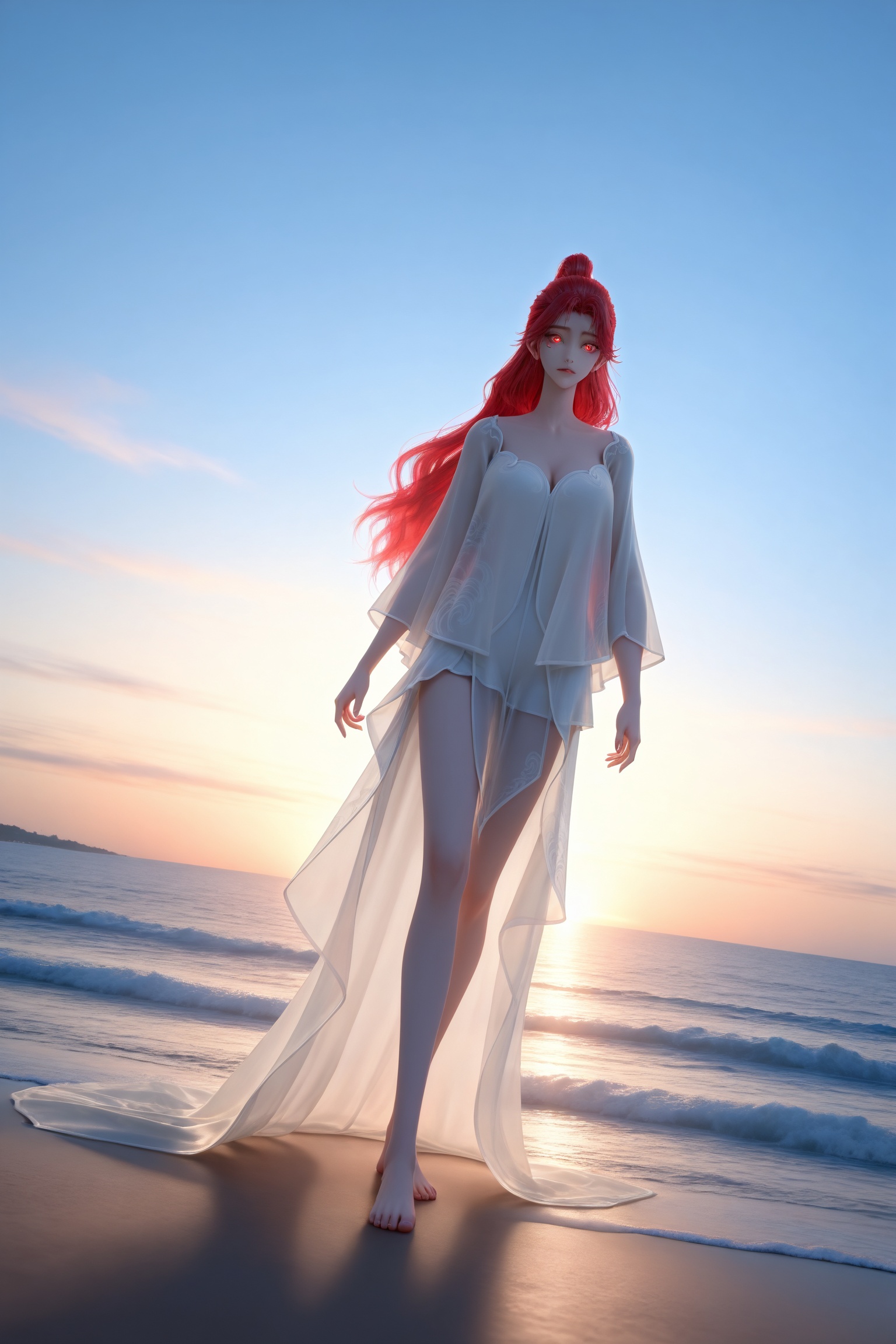 Nai3 style,realistic style photo,outstanding style,Use soft lighting to cast gentle shadows on the subject,adding a touch of dimension to your images without compromising details,whirls of vapor,(Anime:1.1),soft neon light,ethereal ambiance,delicate details,magical atmosphere,concept art,highly detailed,ultra-high resolution,32K UHD,sharp focus,best-quality,masterpiece,golden hour,unconventional supreme masterpiece,masterful details,temperate atmosphere,with a high-end texture,in the style of fashion photography,magazine style,Dynamic Angle,Dynamic posture,magazine style,Dynamic Angle,Dynamic posture,(cowboy_shot:1.2),eye trail,depth of field,cinematic lighting,lens flare,(artist:quasarcake:0.8),close-up,(artist:quasarcake:0.8),extreme aesthetic,(wlop:0.6),(honjou raita,lack,rella,wanke:0.5),masterpiece,best quality,good quality,newest,year 2025,very aesthetic,absurdres,Visual impact,A shot with tension,ultra-high resolution,32K UHD,sharp focus,best-quality,masterpiece,Emotionalization,unconventional supreme masterpiece,masterful details,temperate atmosphere,with a high-end texture,in the style of fashion photography,(Visual impact:1.2),giving the poster a dynamic and visually striking appearance,<lora:百炼成神3-火允儿-浴袍IL:0.8>,1girl,red hair,long hair,ponytail,red eyes,white dress,see-through,cleavage,long sleeves,bare legs,barefoot,, standing,Seaside,beach,waves,full body,