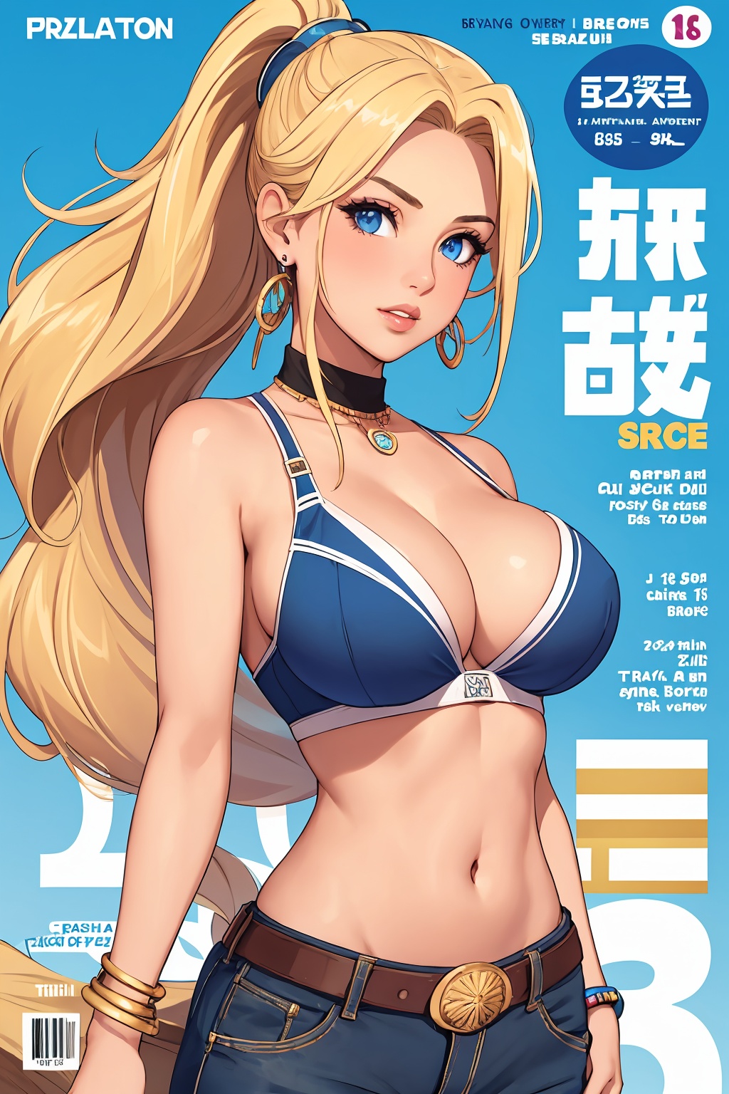 1girl,magazine cover,breasts,solo,jewelry,blonde hair,navel,earrings,bracelet,long hair,cover,ponytail,cleavage,looking at viewer,barcode,large breasts,lips,midriff,blue eyes,fake cover,high ponytail,cover page,bra,cowboy shot,bare shoulders,