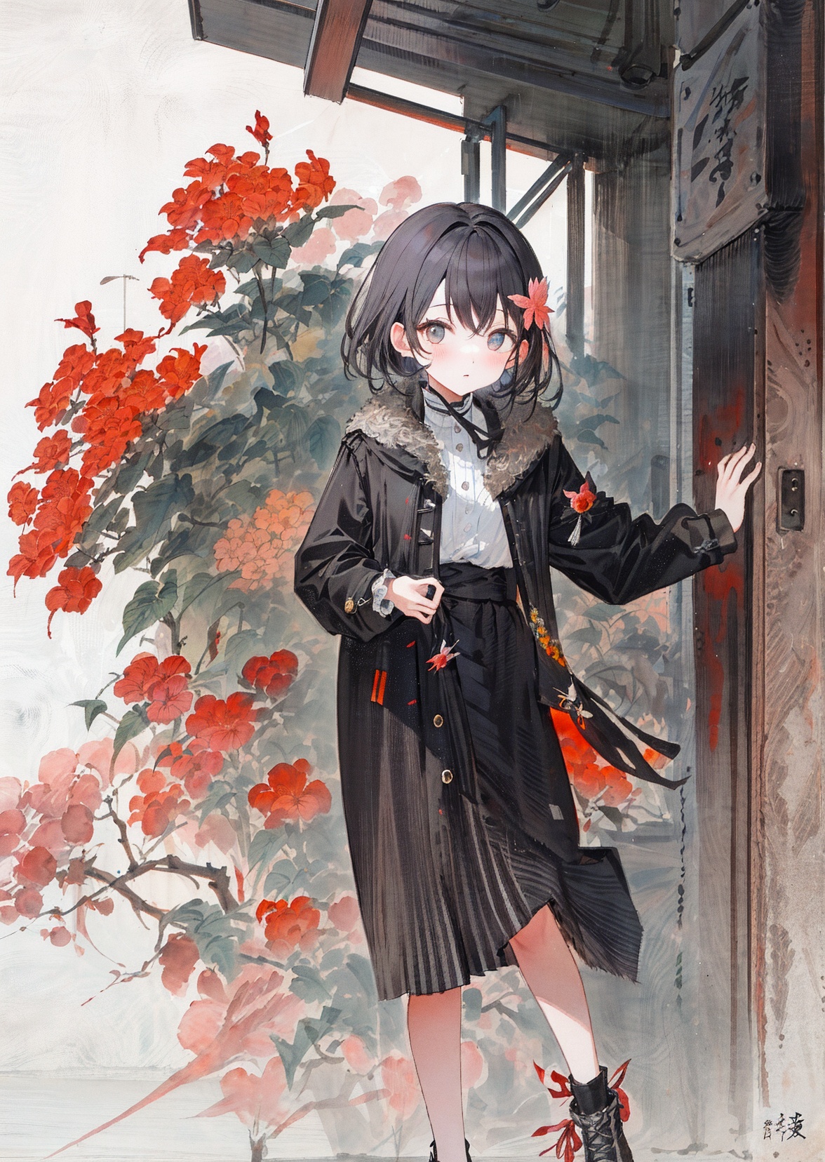 huaniao, [(white background:1.5)::5], 1 girl, mid shot, full body, butterflies, flowers,floating petal,stone fragment, beautiful detailed water,cloud,sun,dusk,sunset,beautiful detailed gate,  <lora:huaniao:1>