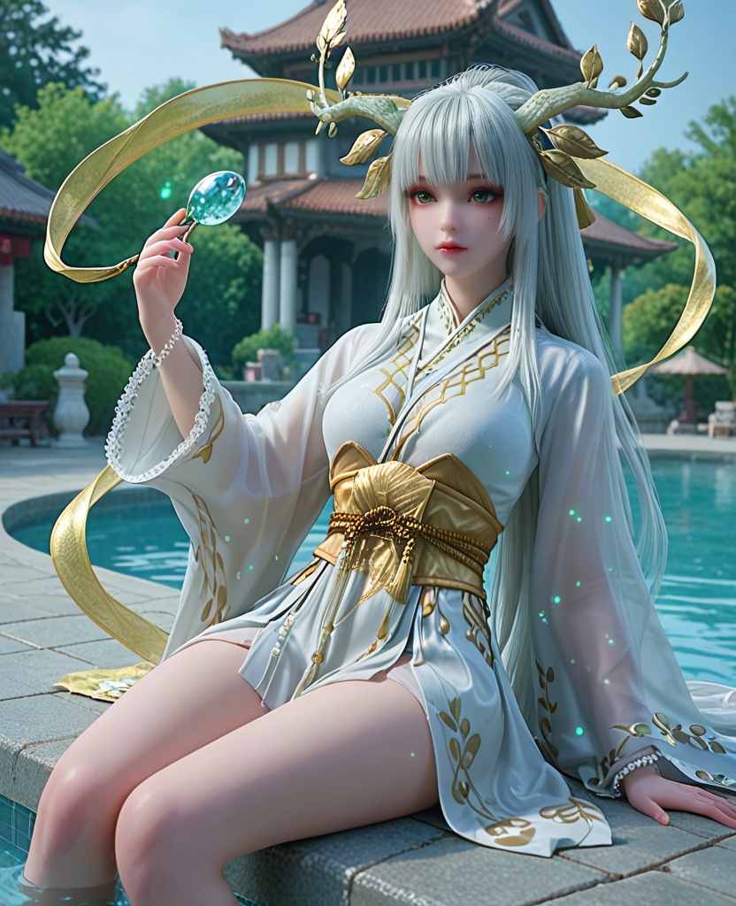 (oriental architecture, elegant decor, sophisticated style:1.1),Sitting on the edge of a pool, dipping toes in the water,(breasts:1.2),<lora:XL完美世界虚天神藤:0.9>,miss xutianshenteng,solo,white kimono,green eyes,leafy branches hair ornament,bangs,white hair,long hair,red lips,sash,obi,see-through wide sleeves,clothing patterns,light particles,hagoromo,beads bracelet,tassel,outer skirt,, zPDXL2, score_9, score_8_up, score_7_up BREAK realistic, masterpiece,best quality, highly detailed,, zPDXL3, zPDXL2,zPDXL, zPDXLxxx, zPDXLrl,
